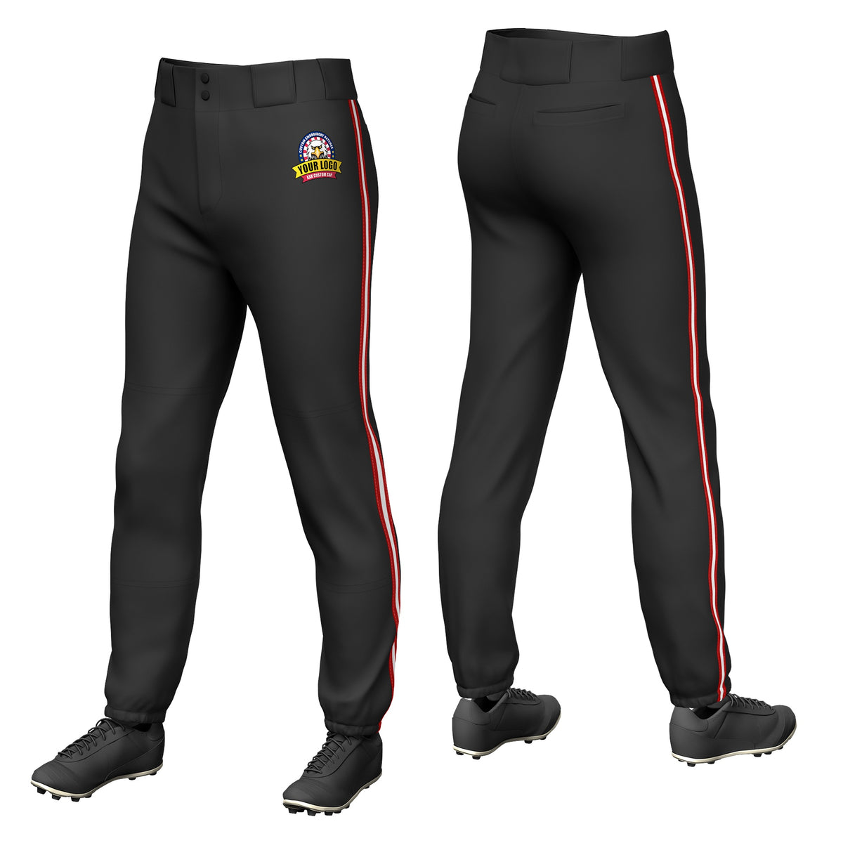 Custom Black Red-White-Red Classic Fit Stretch Practice Pull-up Baseball Pants