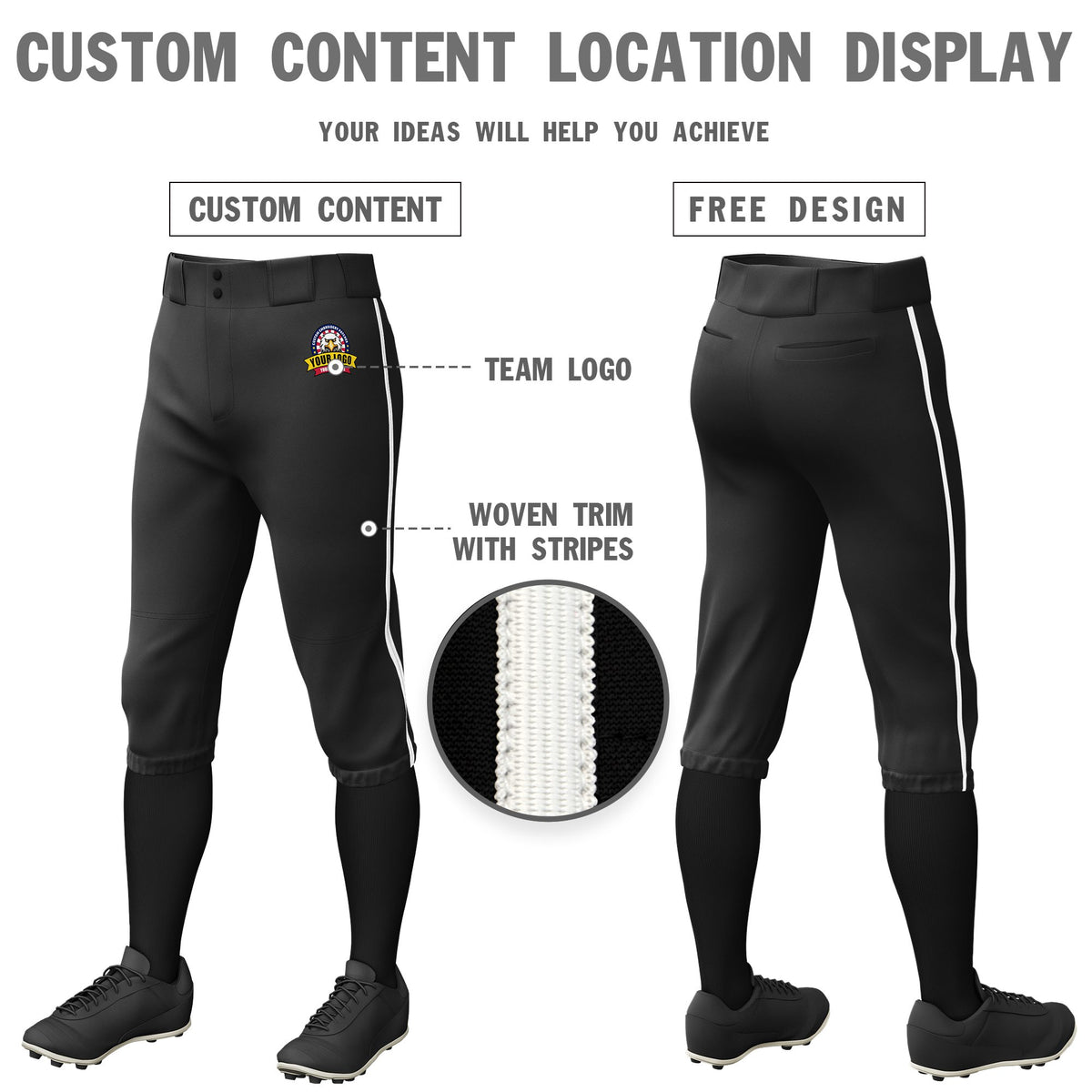 Custom Black White Classic Fit Stretch Practice Knickers Baseball Pants