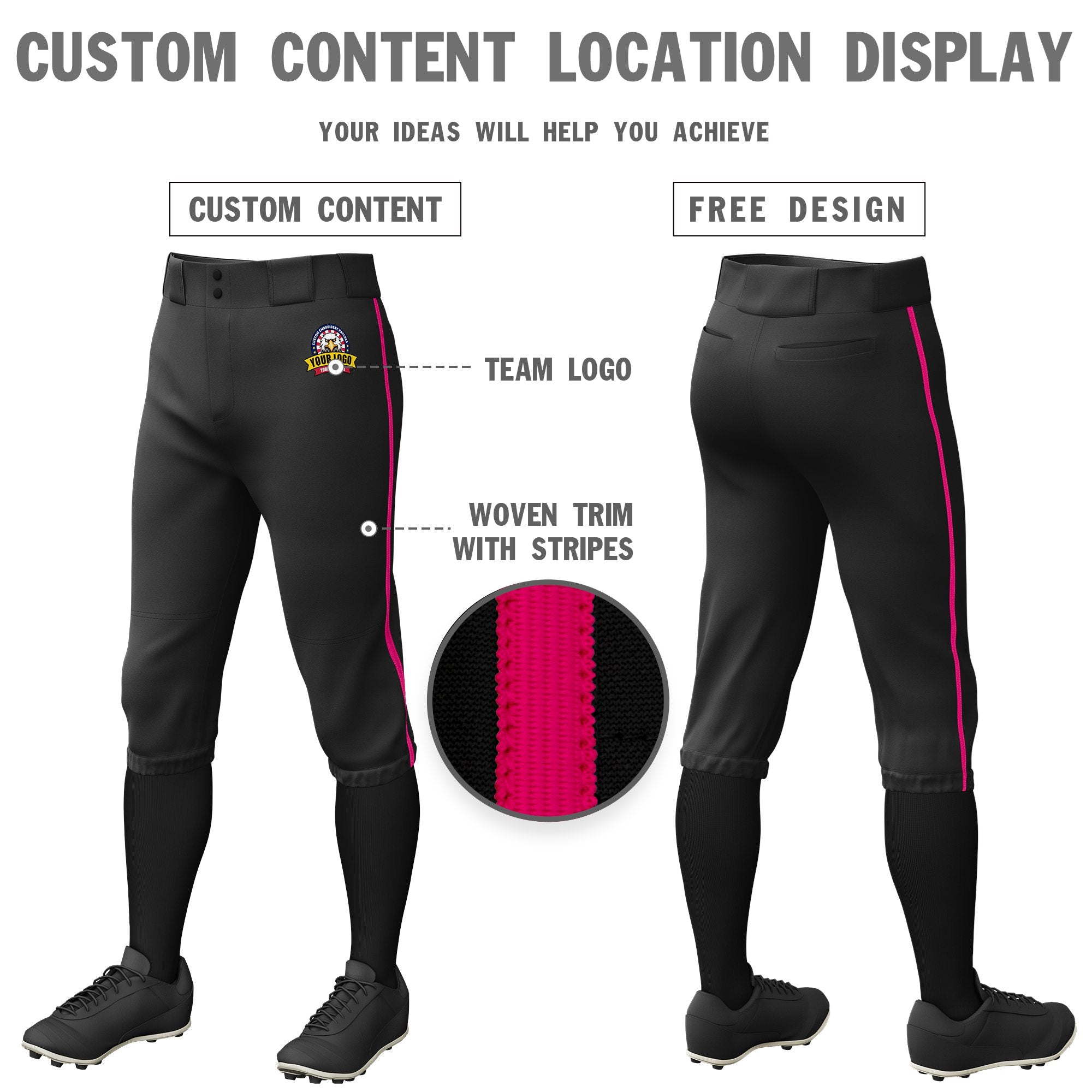 Custom Black Pink Classic Fit Stretch Practice Knickers Baseball Pants