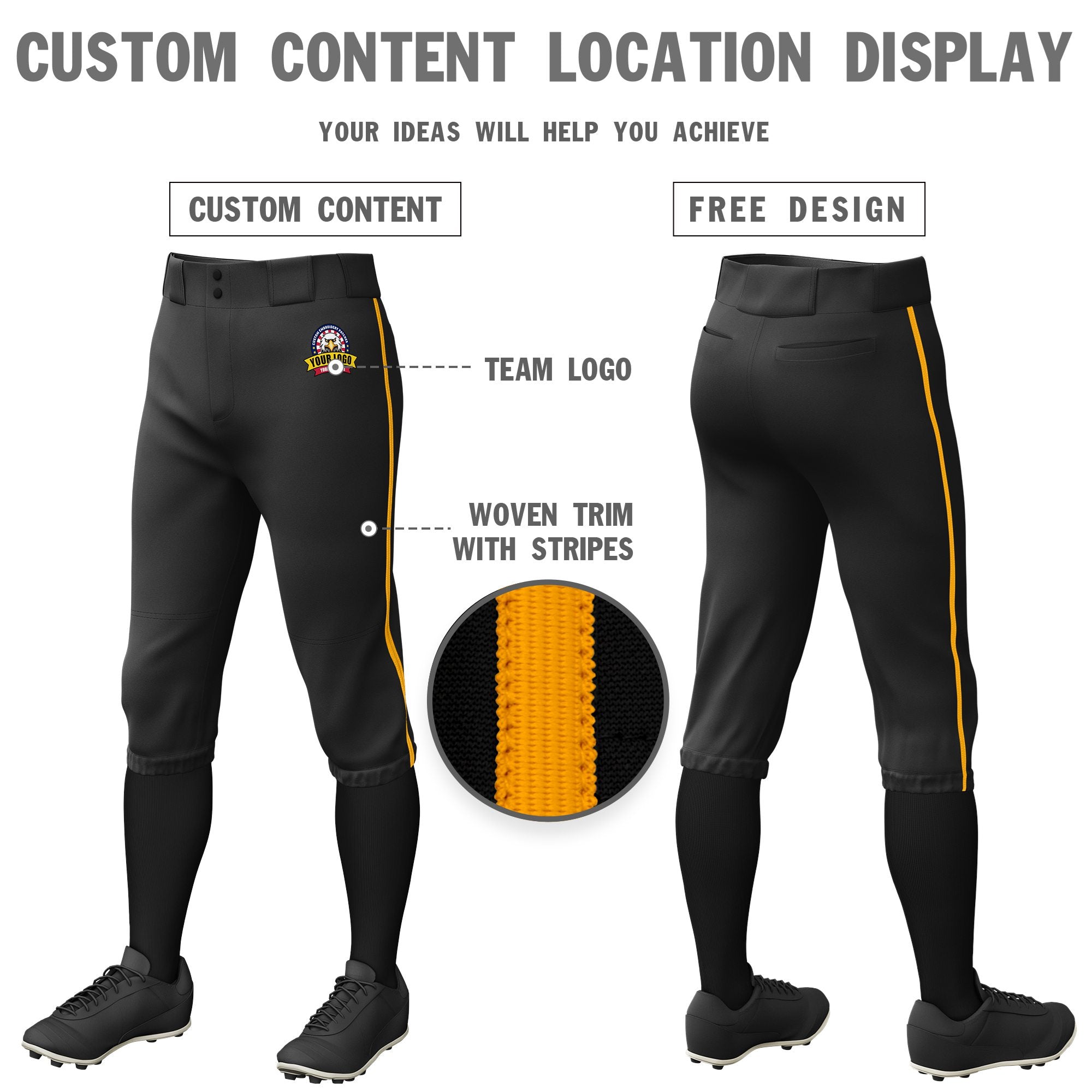 Custom Black Yellow Classic Fit Stretch Practice Knickers Baseball Pants