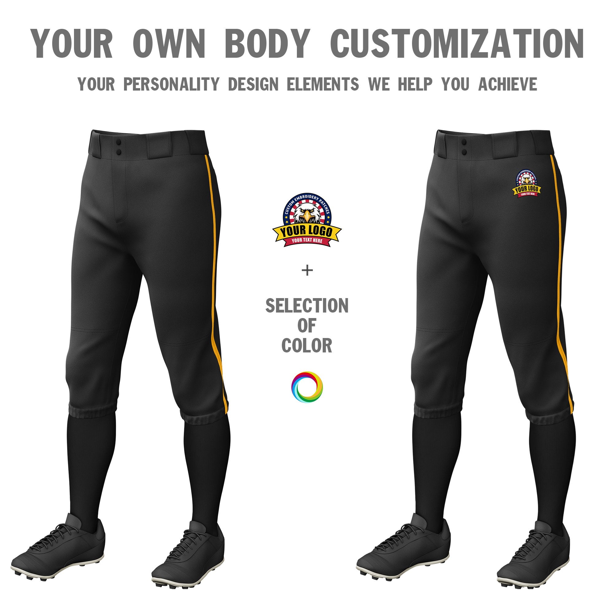 Custom Black Yellow Classic Fit Stretch Practice Knickers Baseball Pants