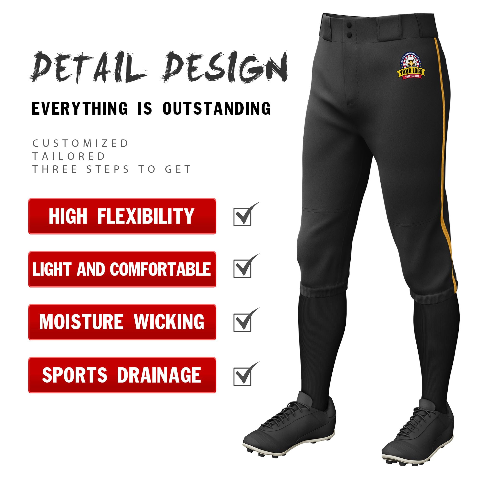 Custom Black Old Gold Classic Fit Stretch Practice Knickers Baseball Pants