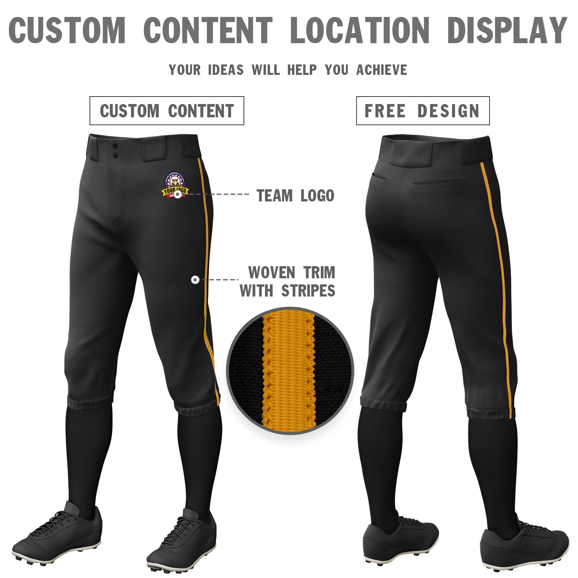 Custom Black Old Gold Classic Fit Stretch Practice Knickers Baseball Pants