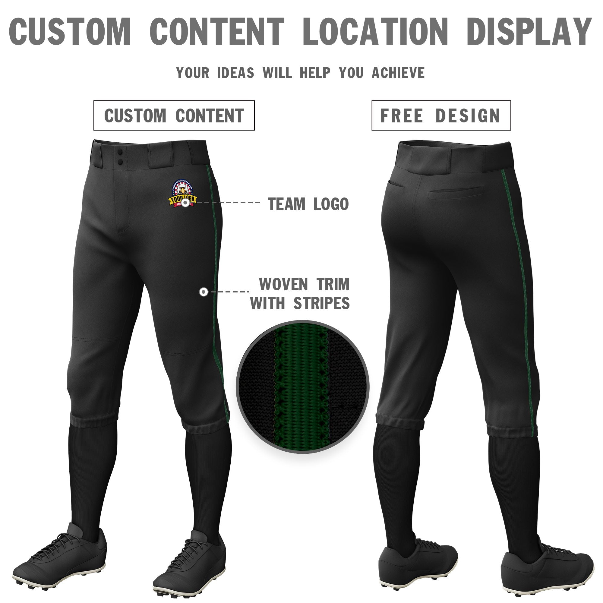 Custom Black Green Classic Fit Stretch Practice Knickers Baseball Pants