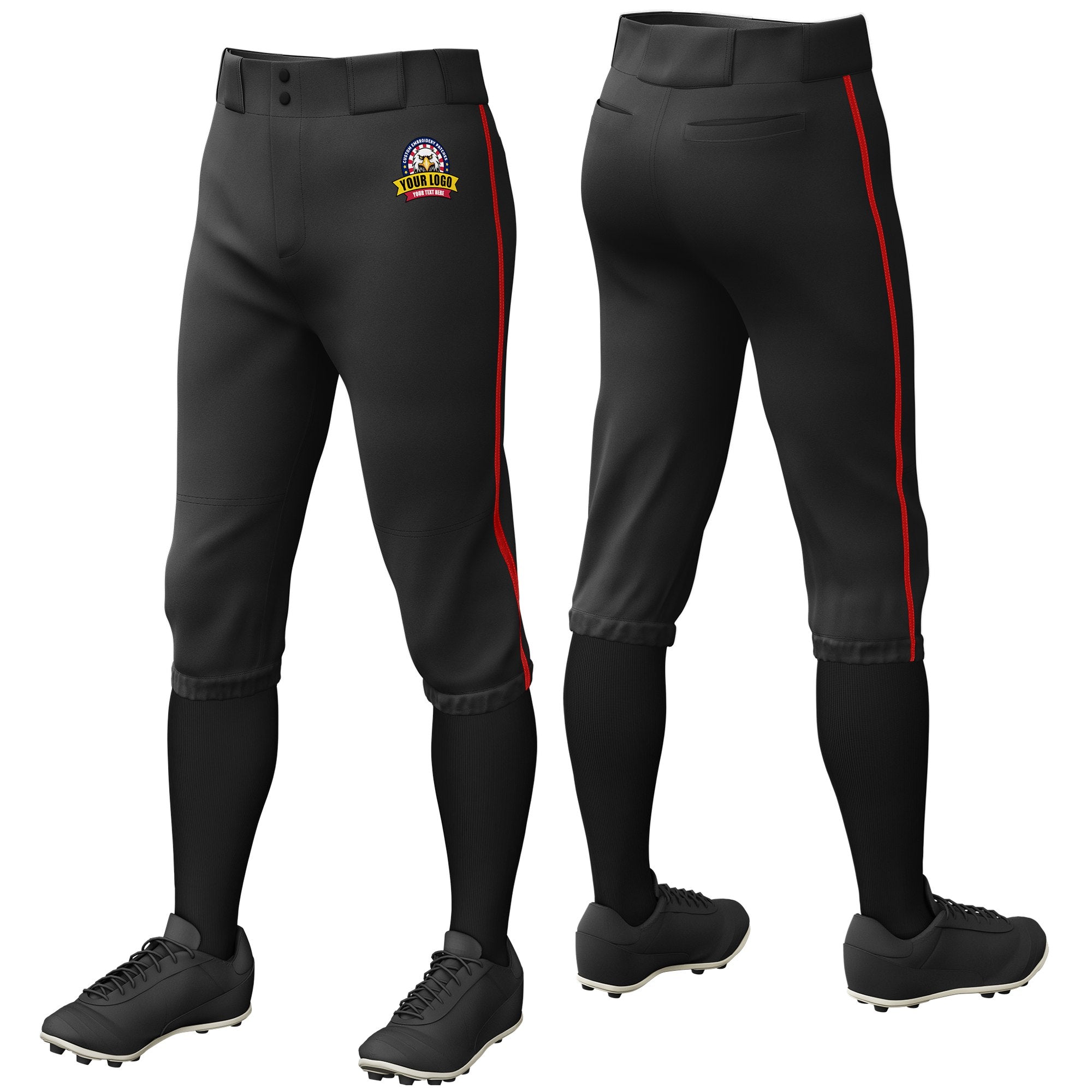 Custom Black Red Classic Fit Stretch Practice Knickers Baseball Pants