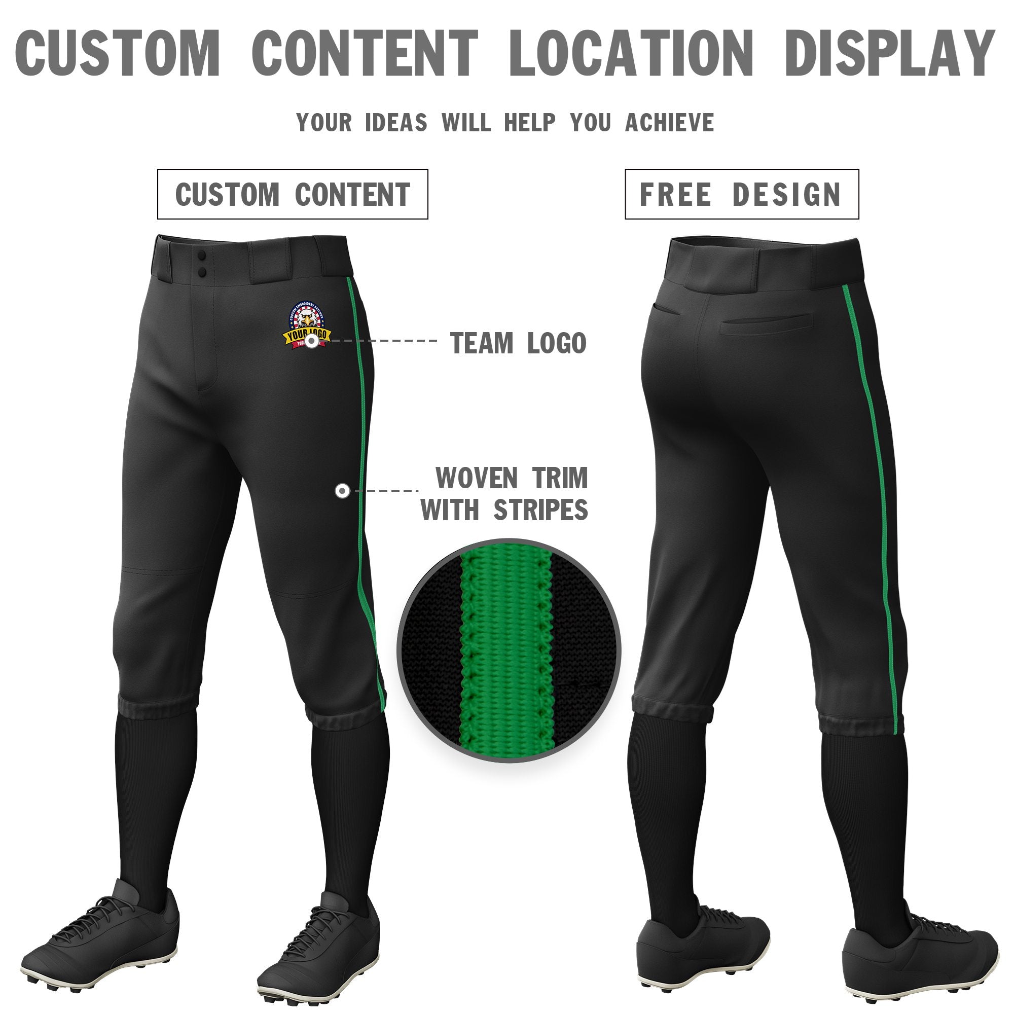 Custom Black Kelly Green Classic Fit Stretch Practice Knickers Baseball Pants