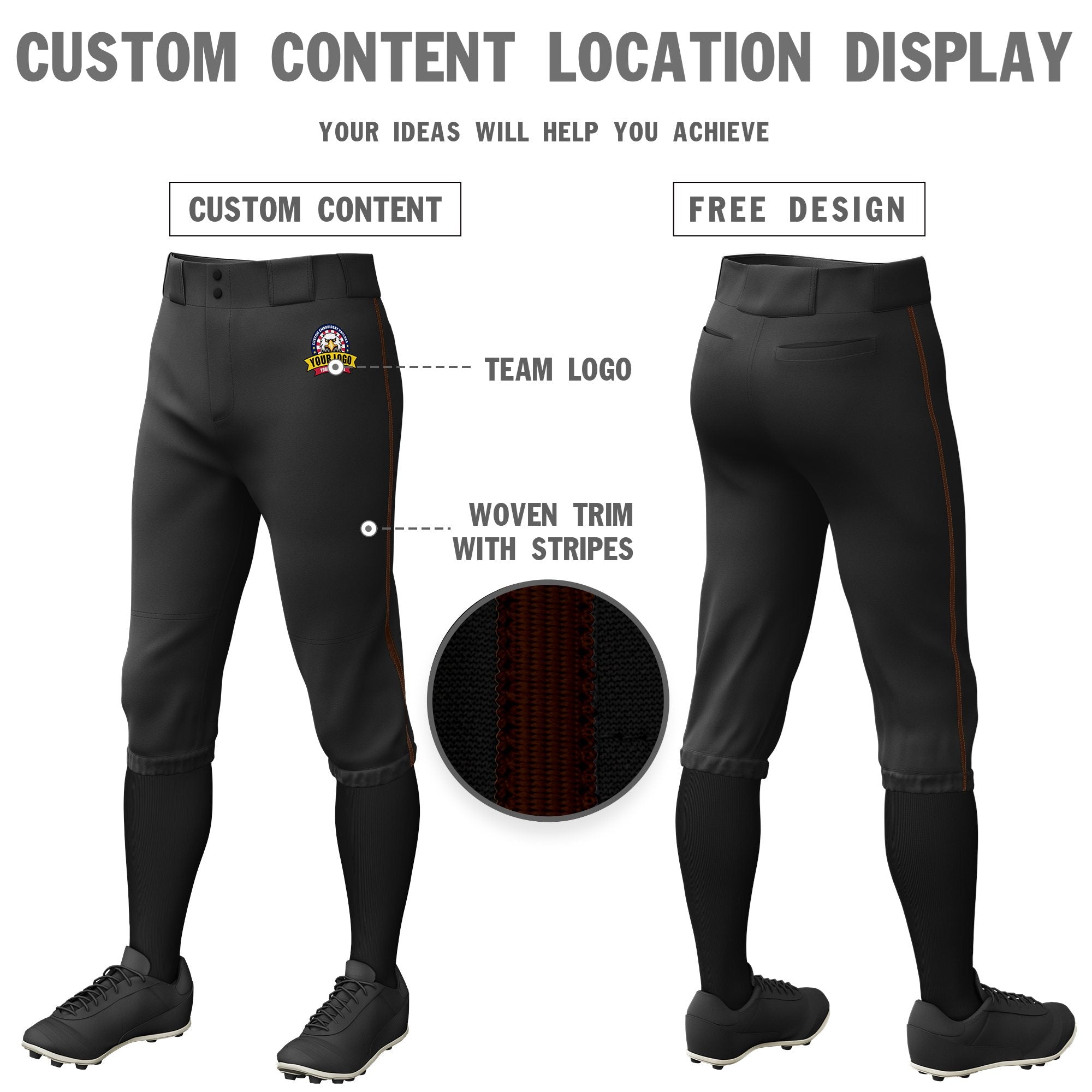 Custom Black Brown Classic Fit Stretch Practice Knickers Baseball Pants