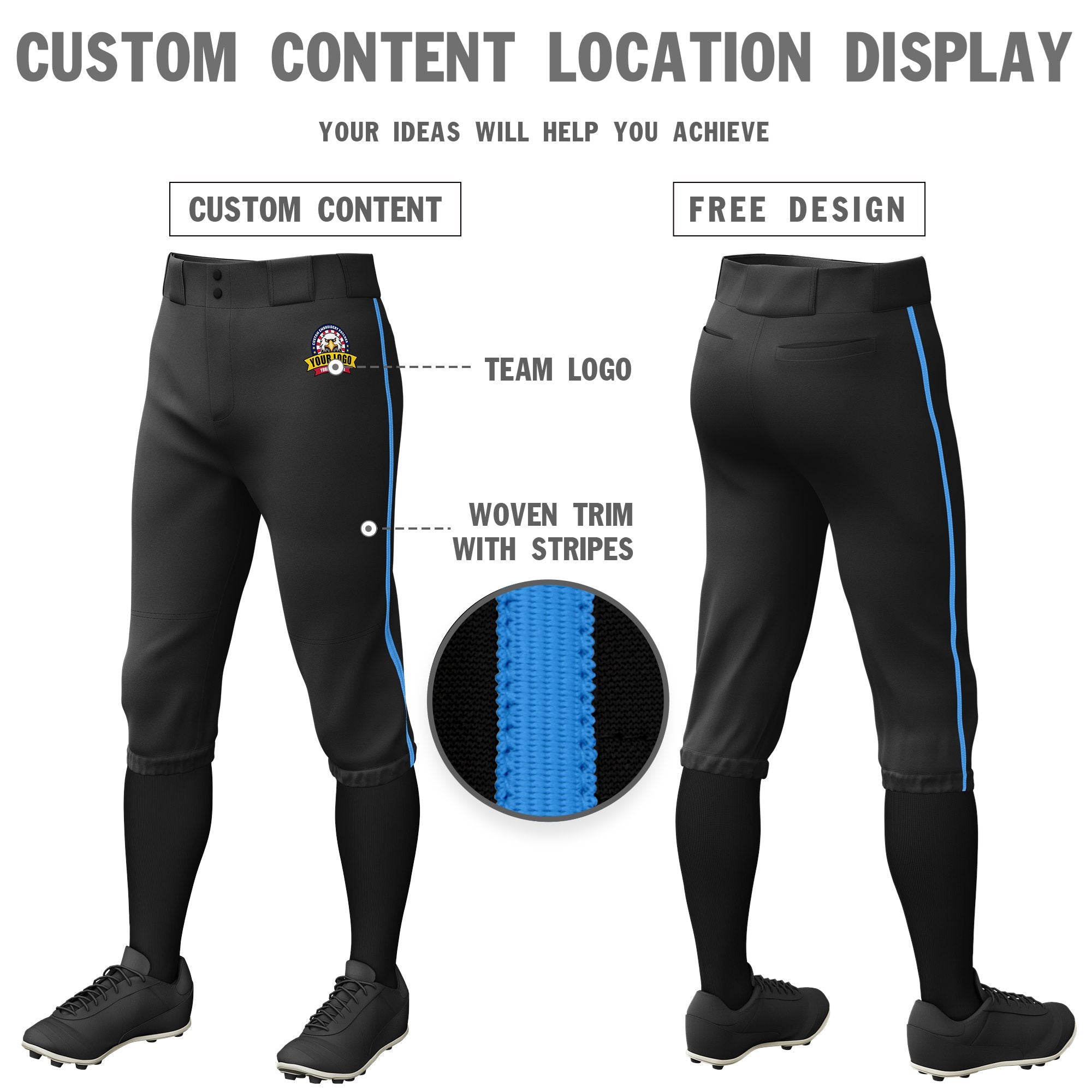 Custom Black Powder Blue Classic Fit Stretch Practice Knickers Baseball Pants