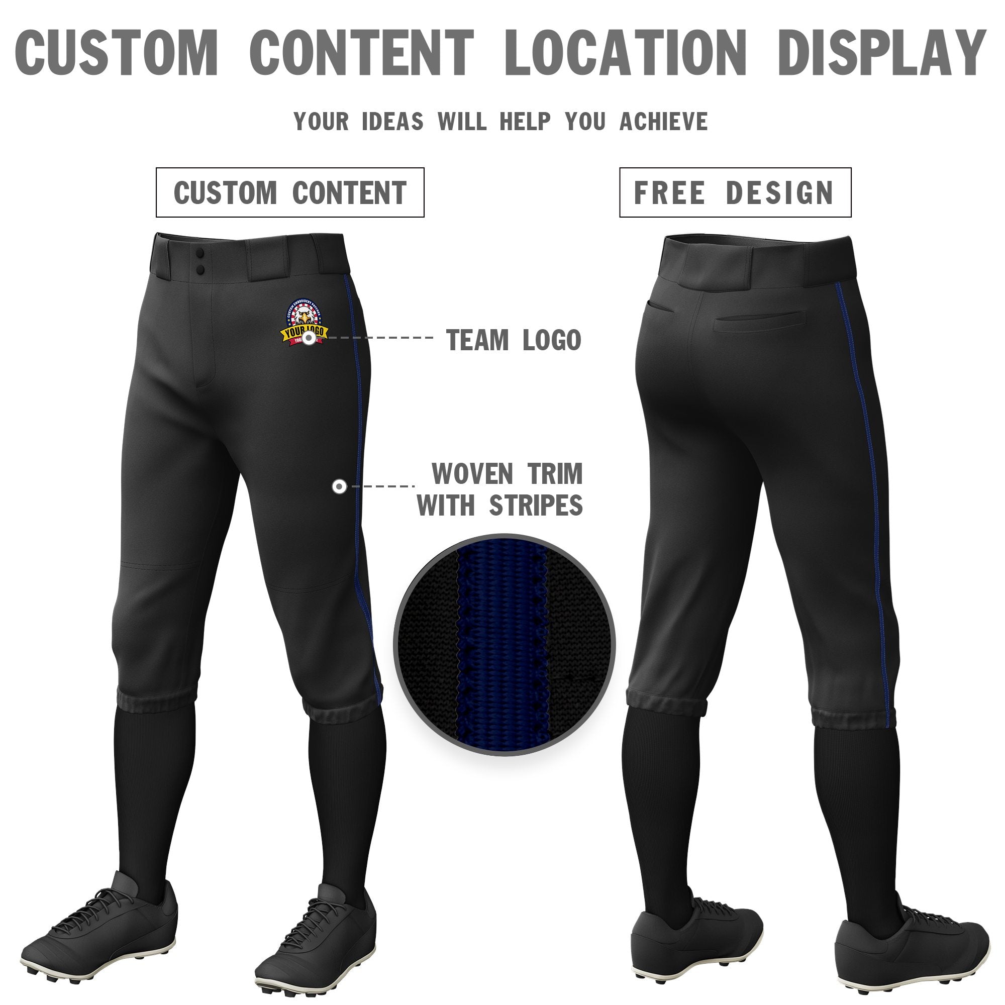 Custom Black Navy Classic Fit Stretch Practice Knickers Baseball Pants