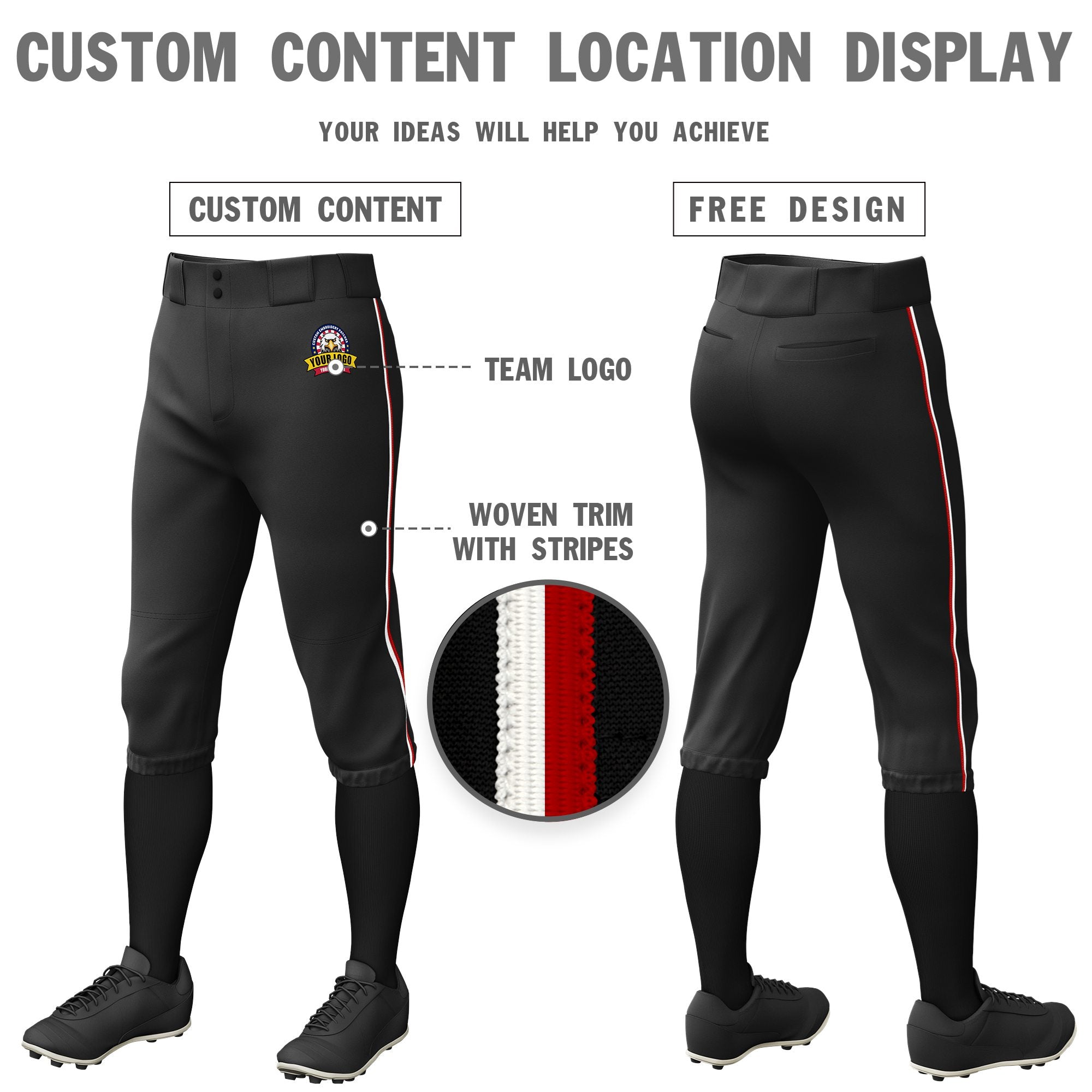 Custom Black White-Red Classic Fit Stretch Practice Knickers Baseball Pants