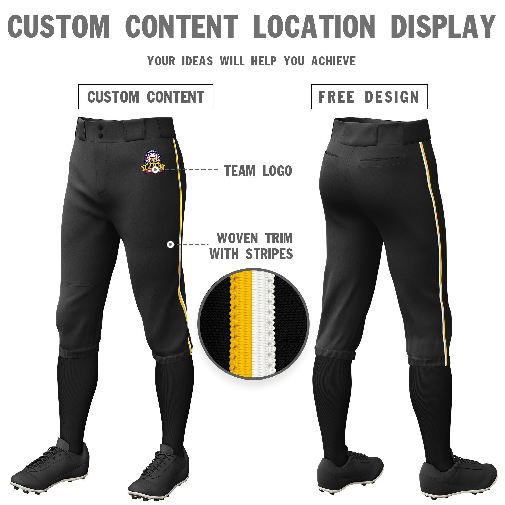 Custom Black Gold01-White Classic Fit Stretch Practice Knickers Baseball Pants