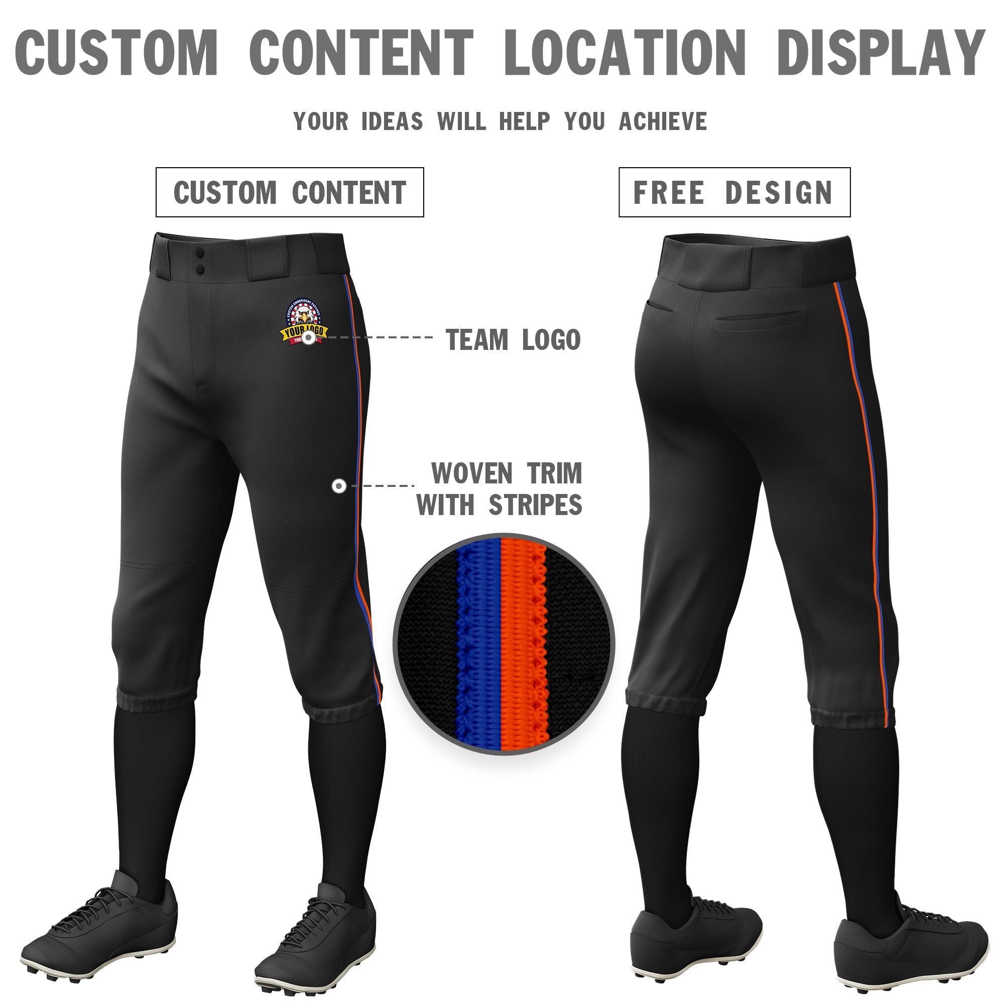 Custom Black Royal Blue-Orange Classic Fit Stretch Practice Knickers Baseball Pants