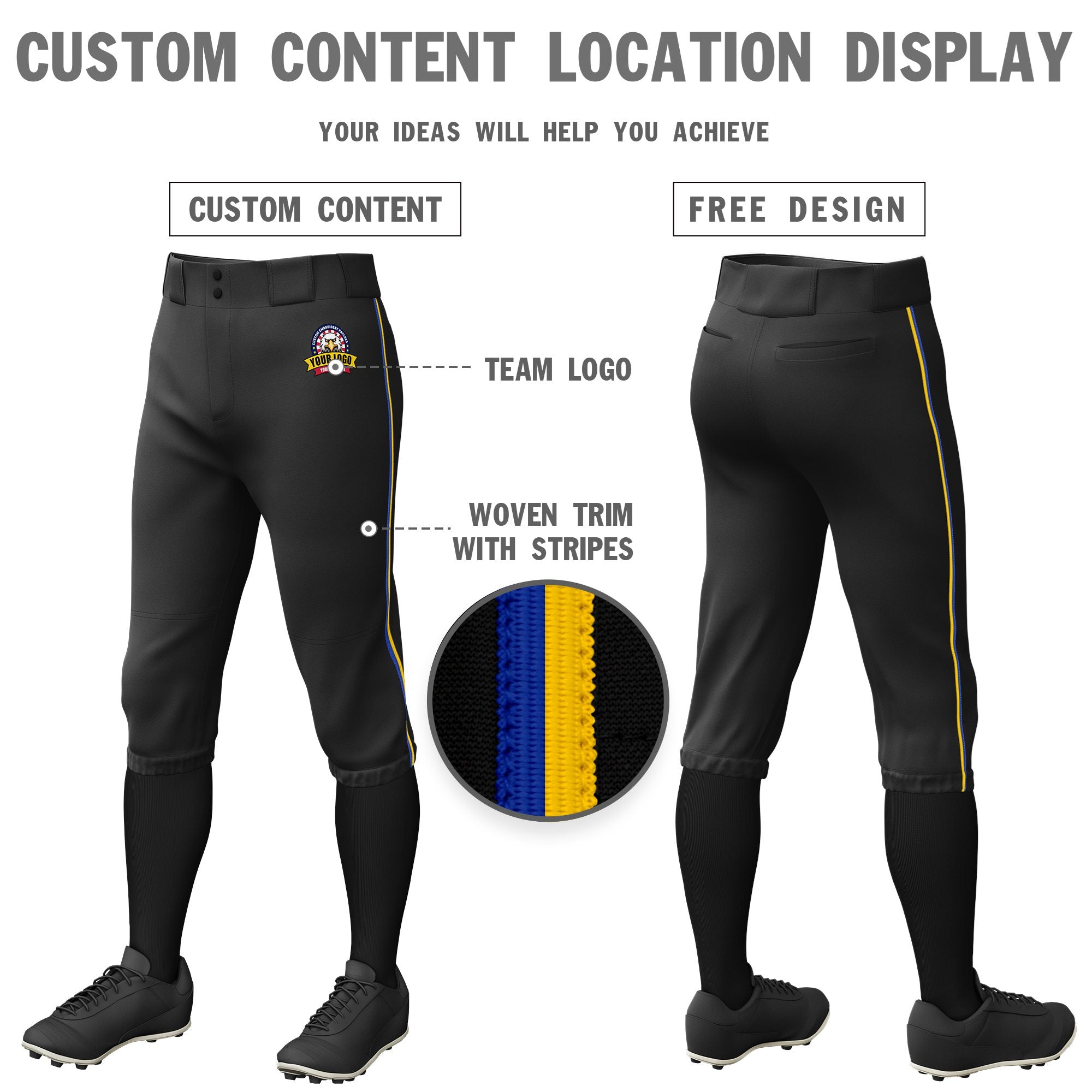 Custom Black Royal Blue-Gold01 Classic Fit Stretch Practice Knickers Baseball Pants