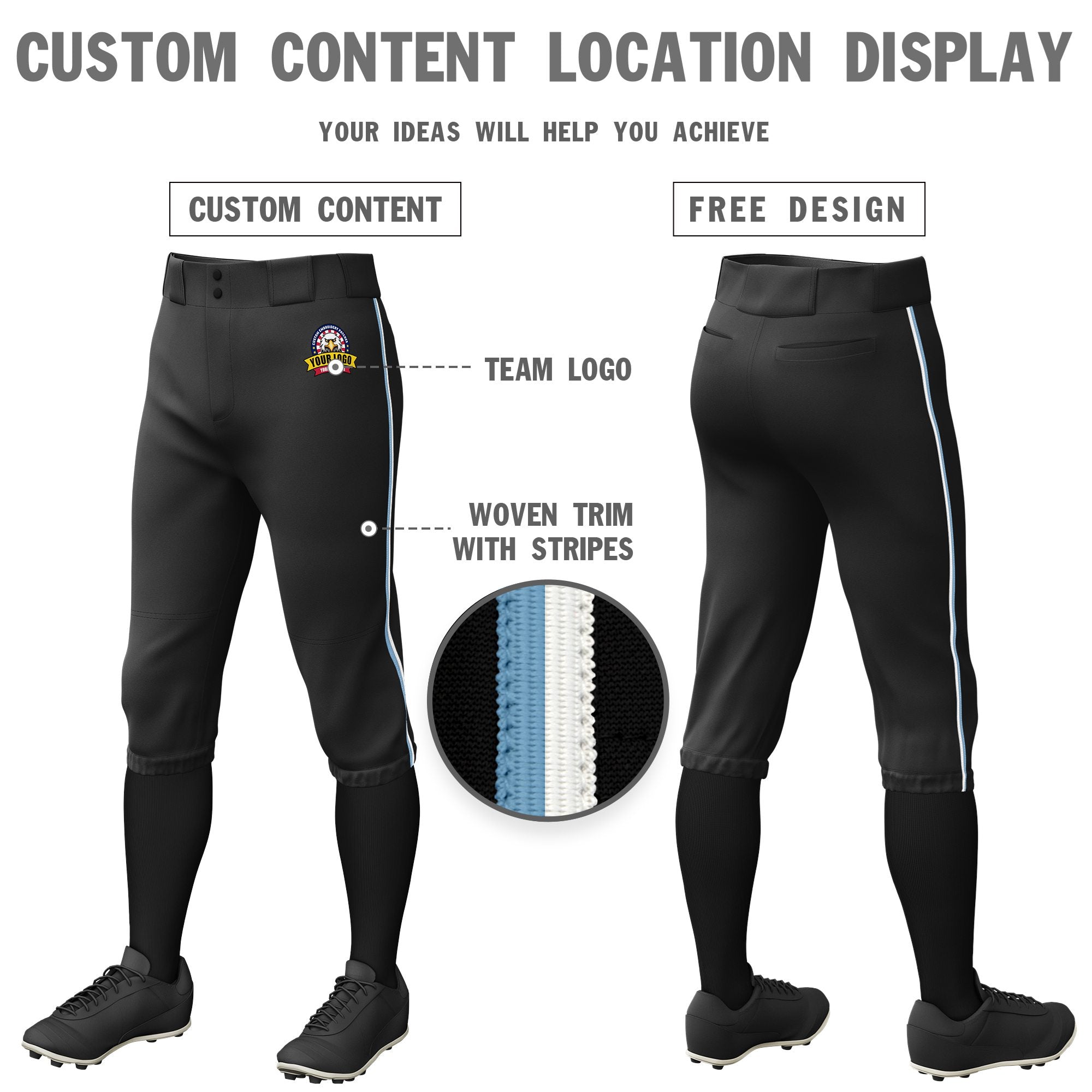 Custom Black Light Blue-White Classic Fit Stretch Practice Knickers Baseball Pants