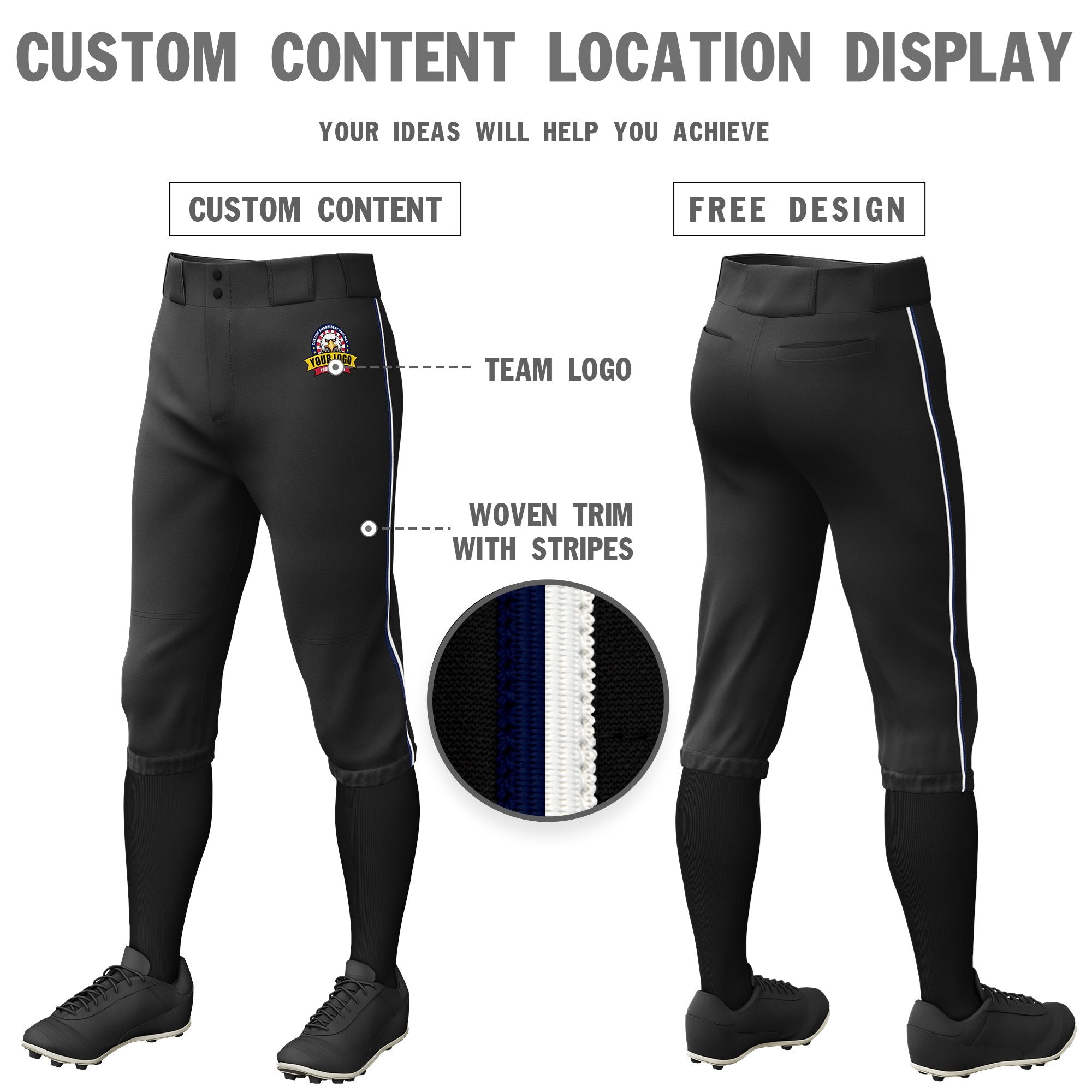 Custom Black Navy-White Classic Fit Stretch Practice Knickers Baseball Pants