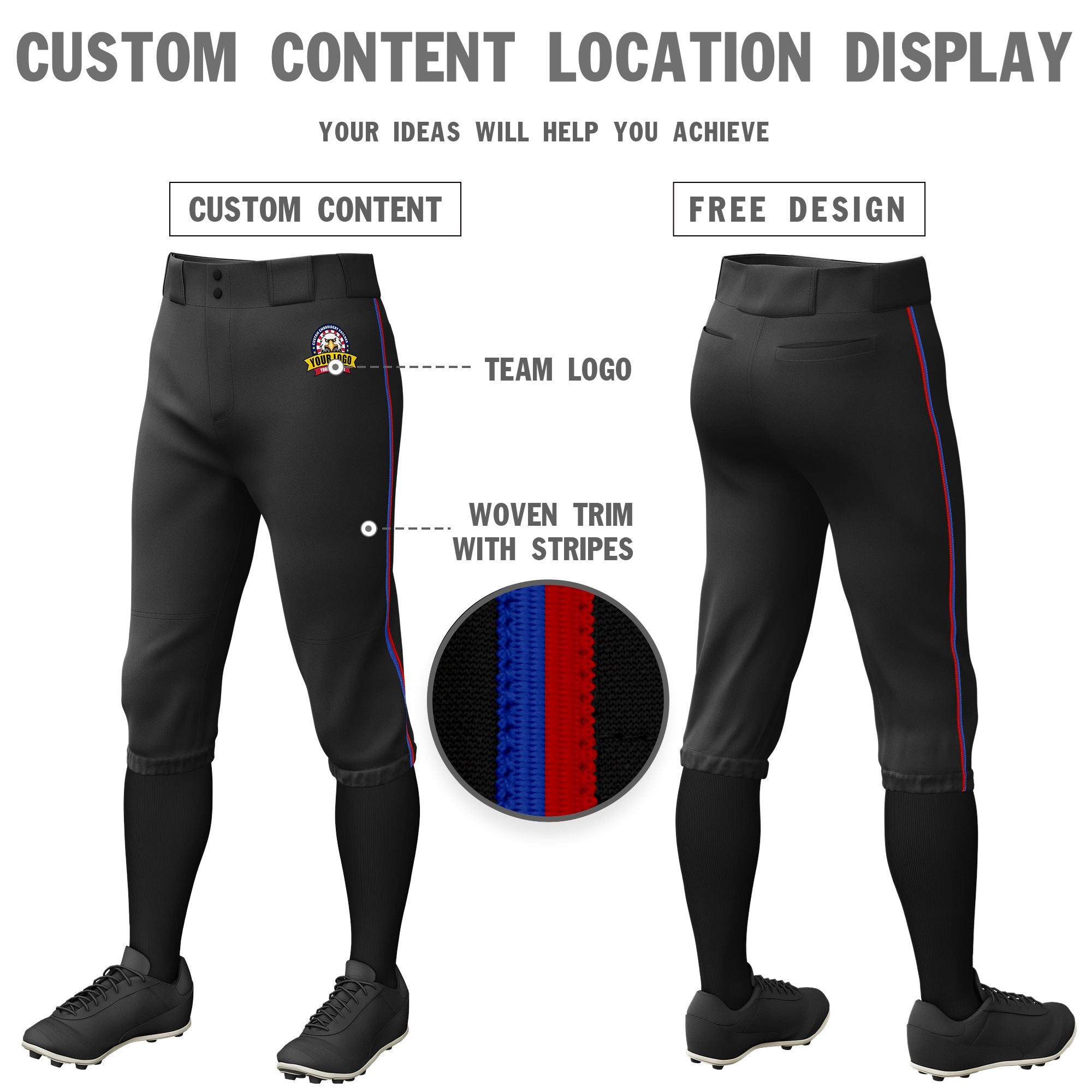 Custom Black Royal Blue-Red Classic Fit Stretch Practice Knickers Baseball Pants