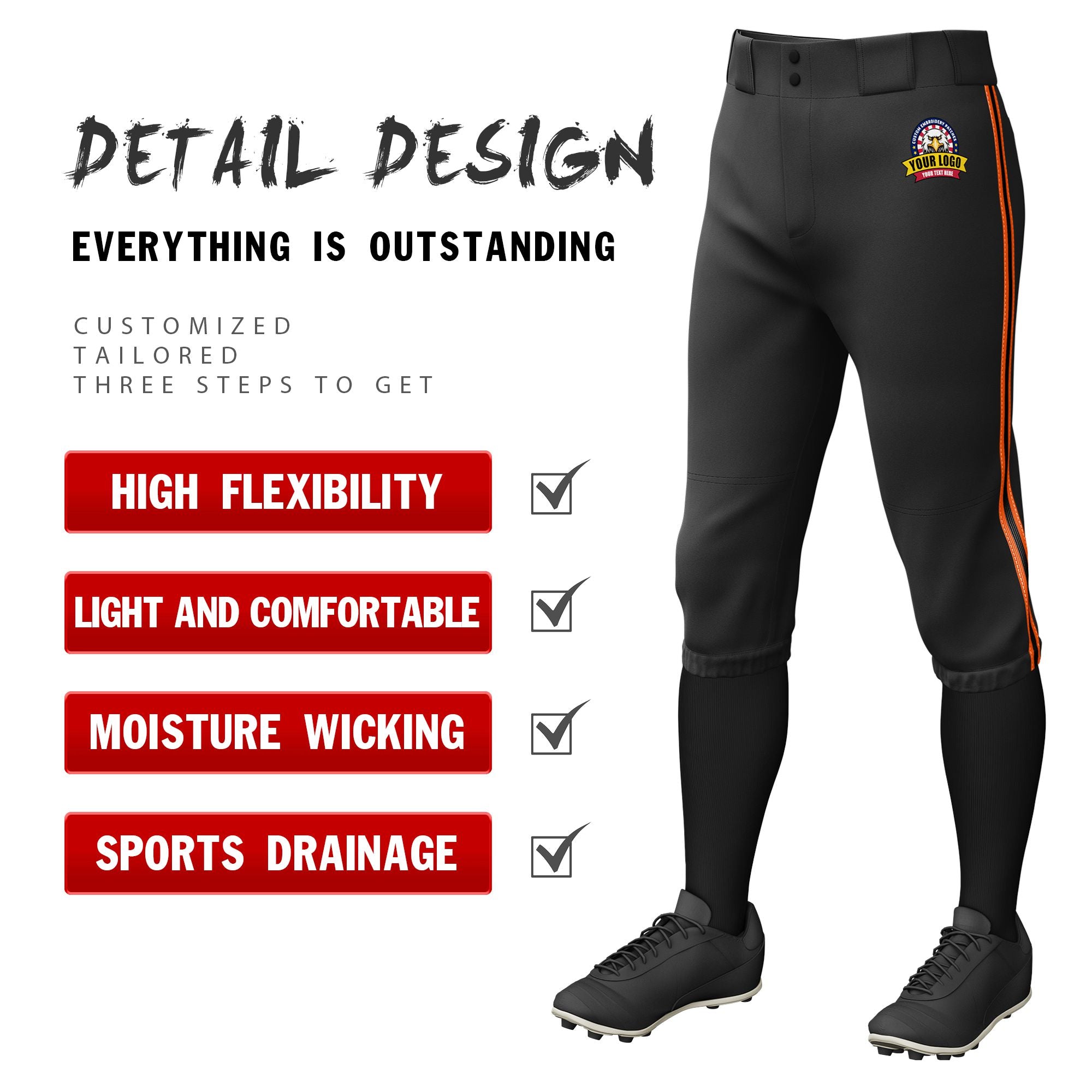 Custom Black Orange-Black-Orange Classic Fit Stretch Practice Knickers Baseball Pants