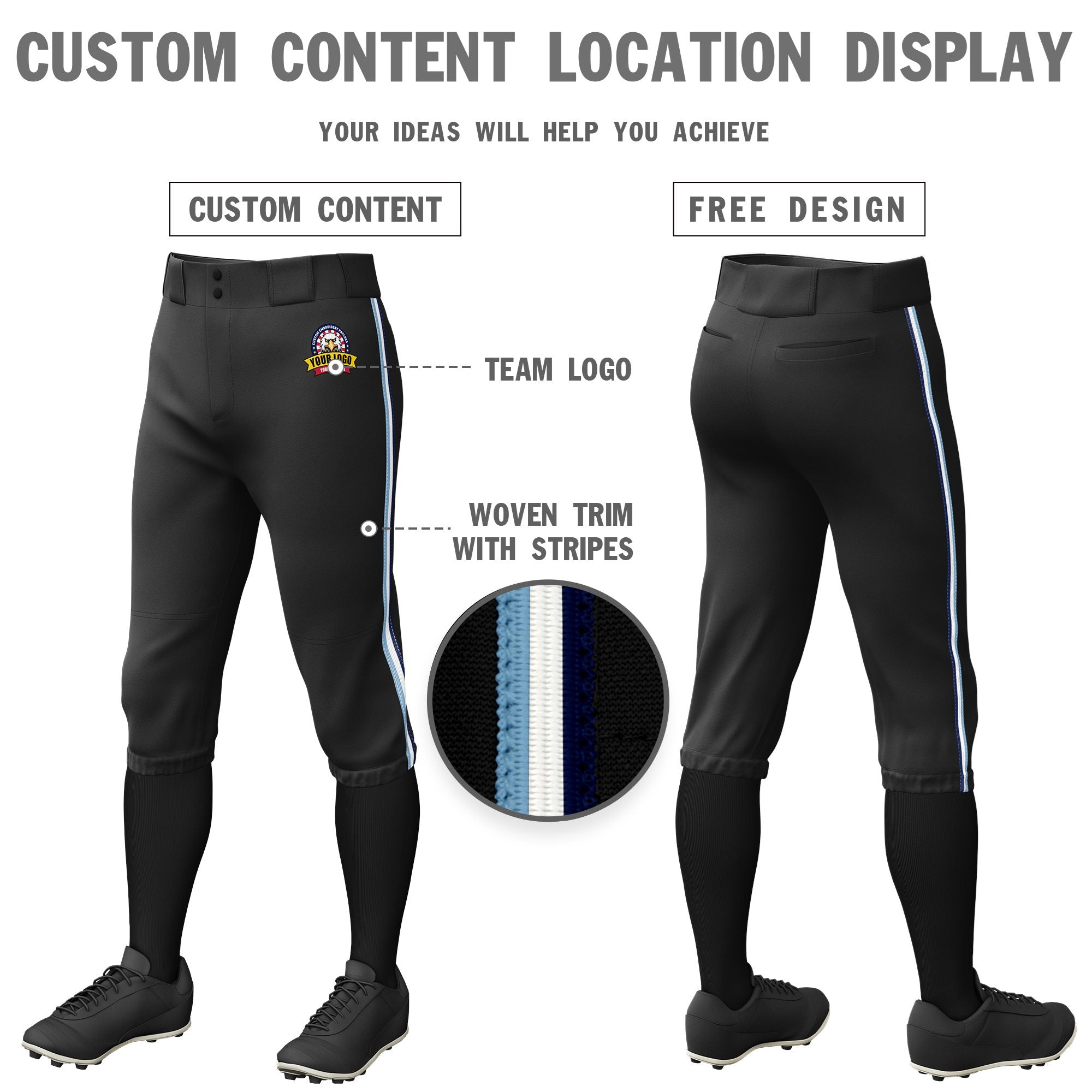 Custom Black Light Blue-White-Navy Classic Fit Stretch Practice Knickers Baseball Pants