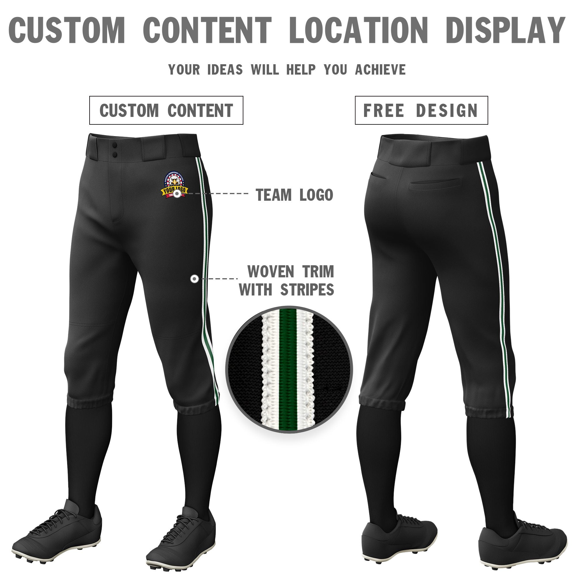 Custom Black White-Green-White Classic Fit Stretch Practice Knickers Baseball Pants