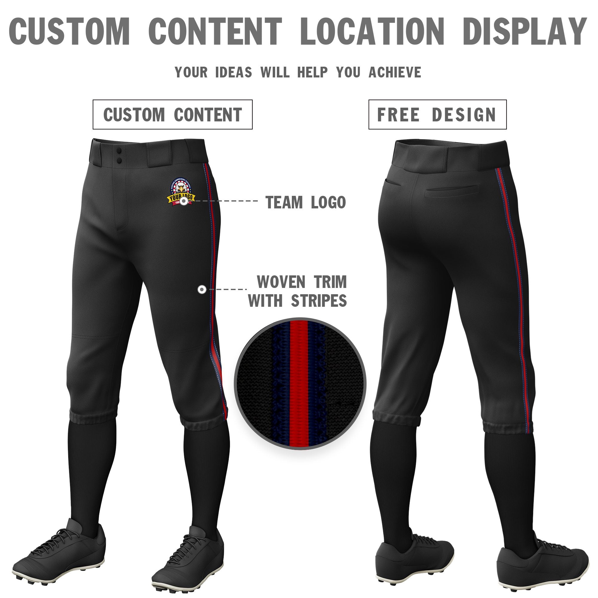 Custom Black Navy-Red-Navy Classic Fit Stretch Practice Knickers Baseball Pants