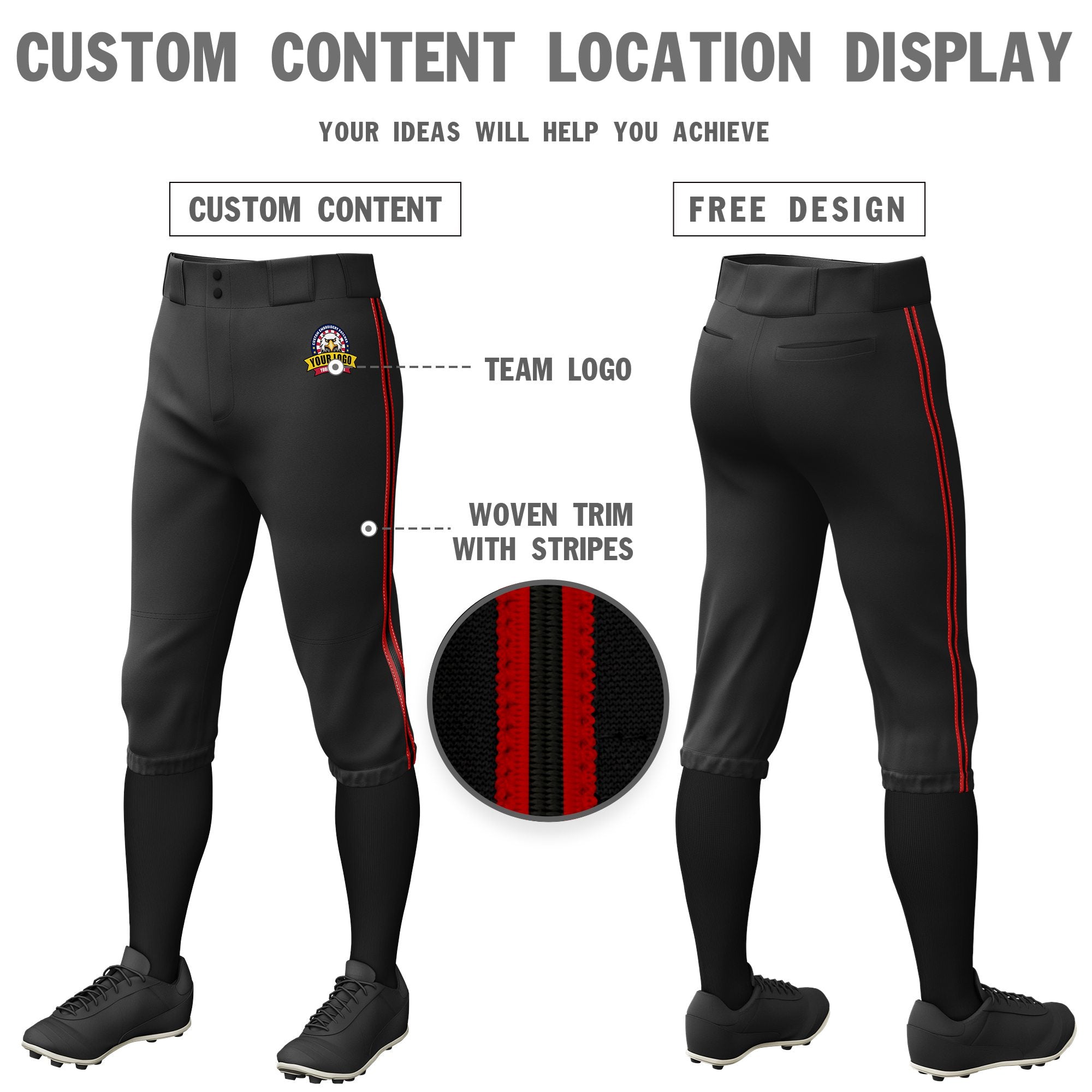 Custom Black Red-Black-Red Classic Fit Stretch Practice Knickers Baseball Pants