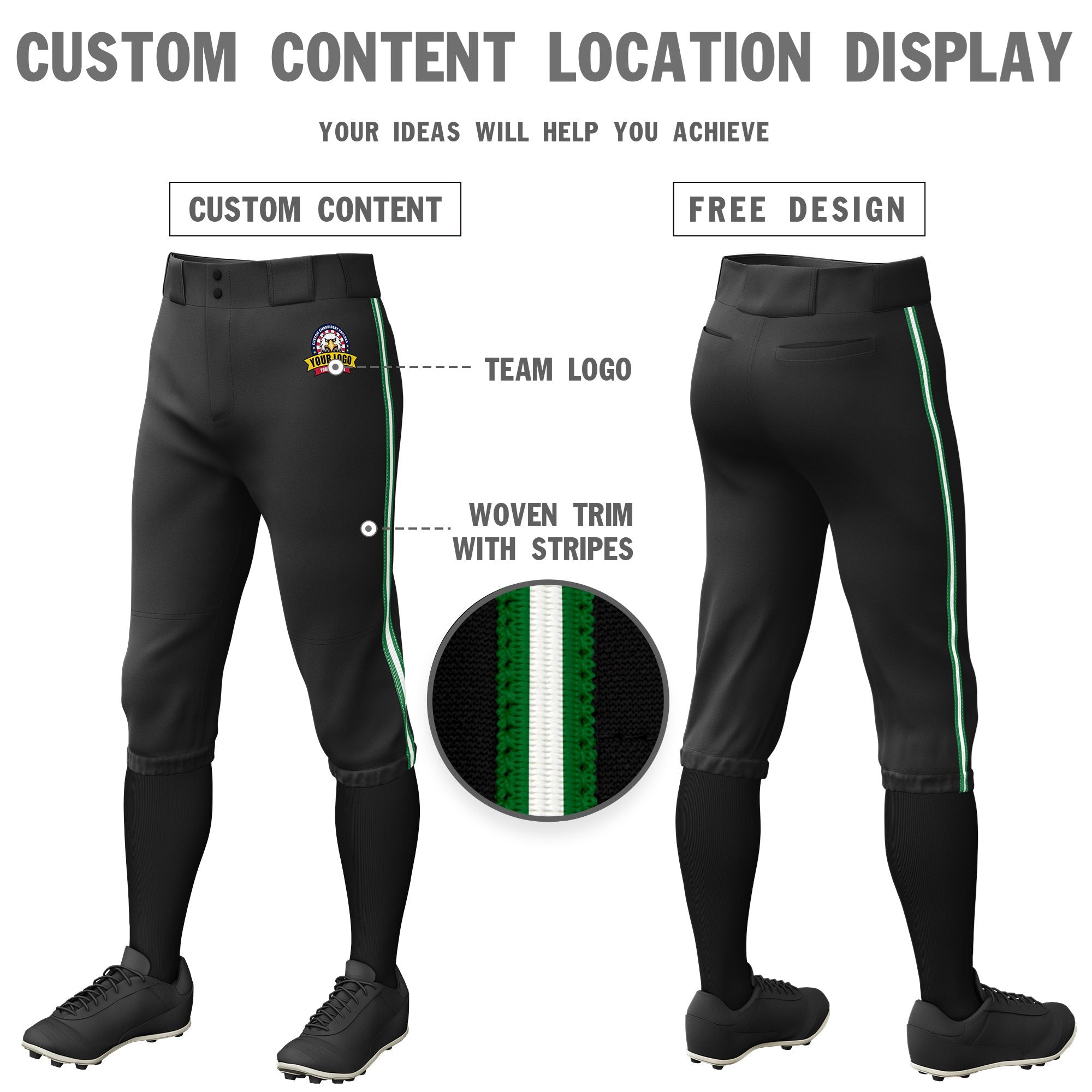 Custom Black Kelly Green-White-Kelly Green Classic Fit Stretch Practice Knickers Baseball Pants