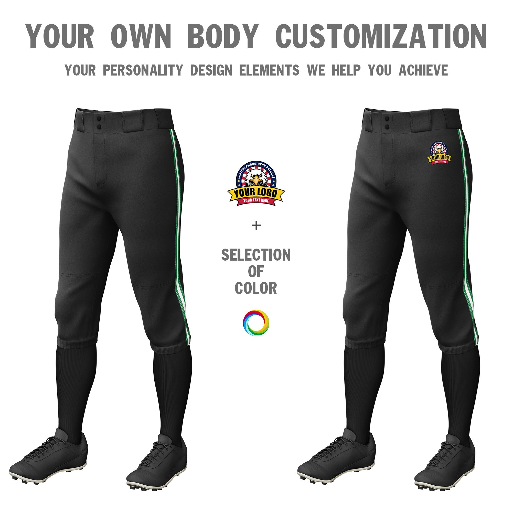 Custom Black Kelly Green-White-Kelly Green Classic Fit Stretch Practice Knickers Baseball Pants