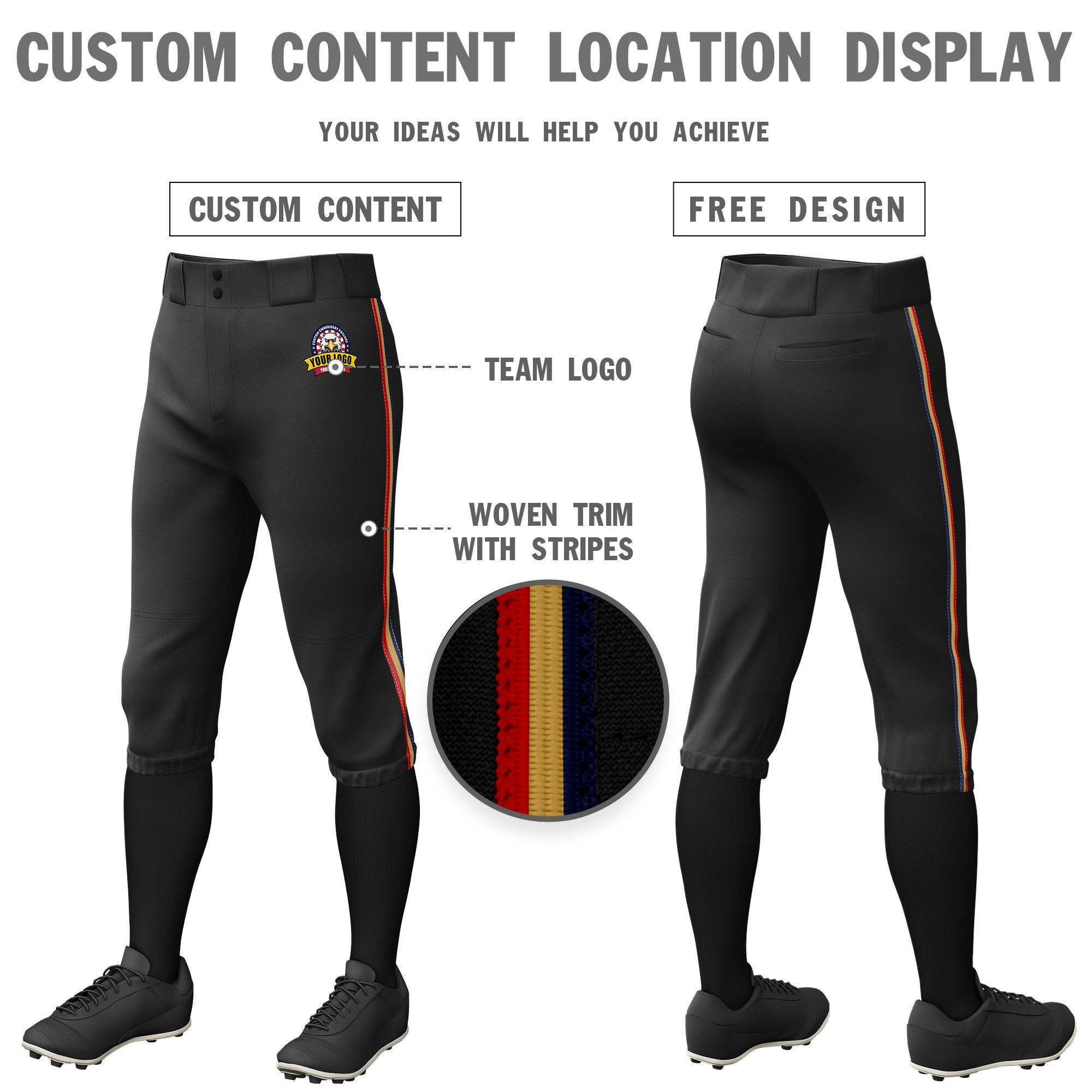 Custom Black Navy-Old Gold-Red Classic Fit Stretch Practice Knickers Baseball Pants