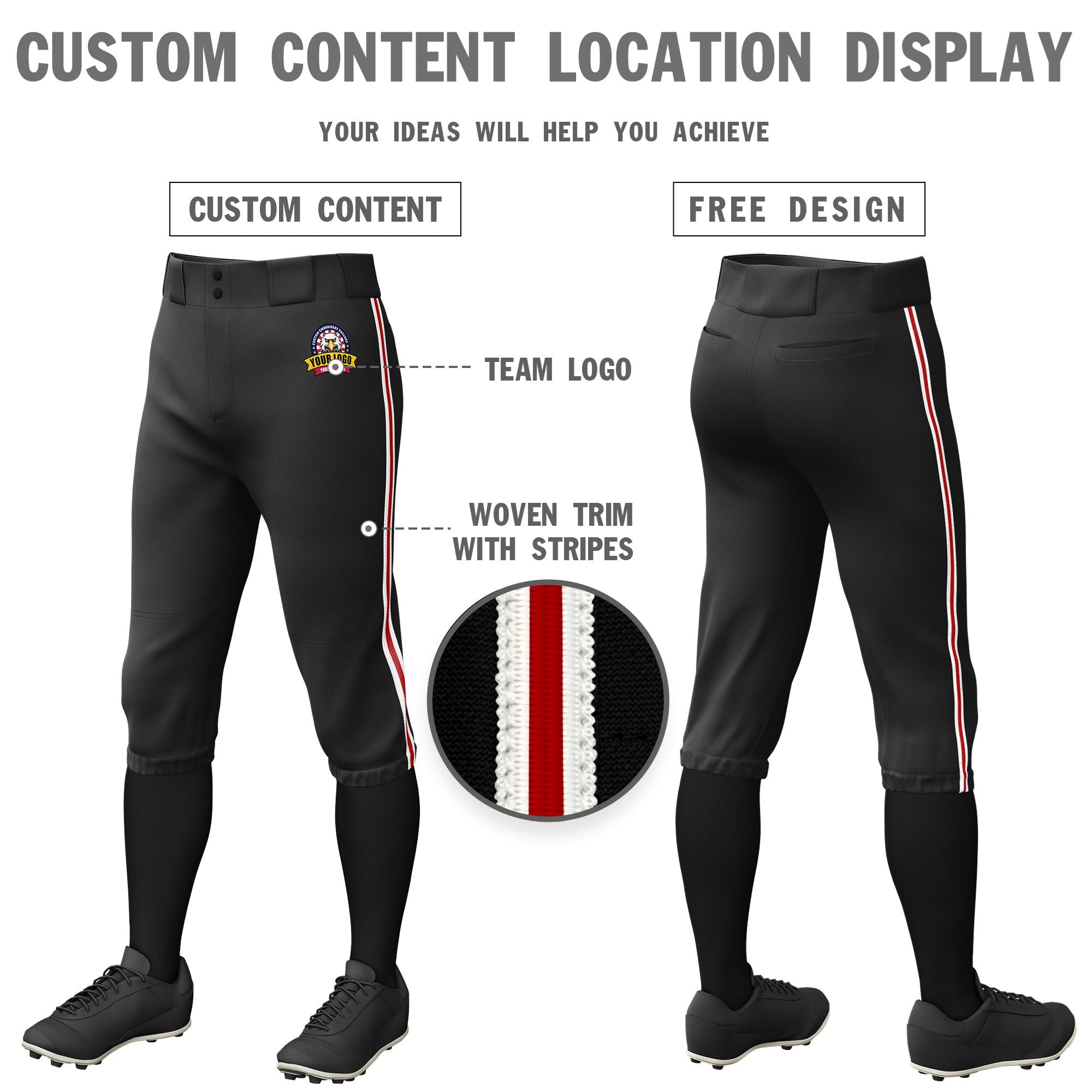 Custom Black White-Red-White Classic Fit Stretch Practice Knickers Baseball Pants