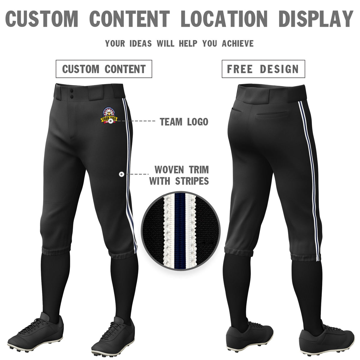 Custom Black White-Navy-White Classic Fit Stretch Practice Knickers Baseball Pants