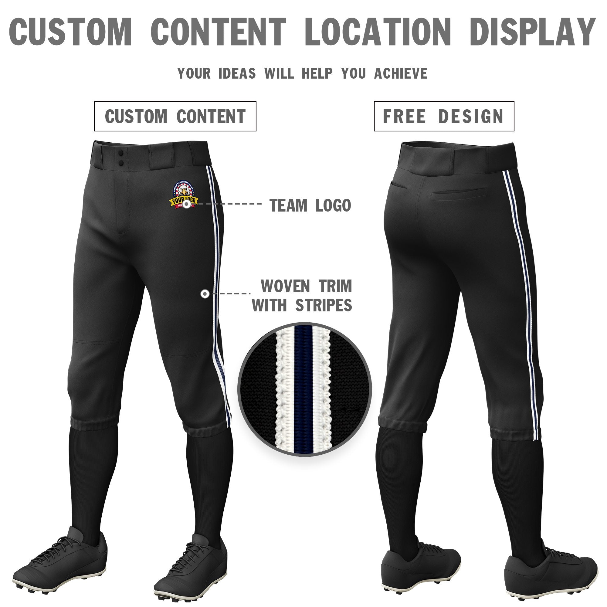 Custom Black White-Navy-White Classic Fit Stretch Practice Knickers Baseball Pants