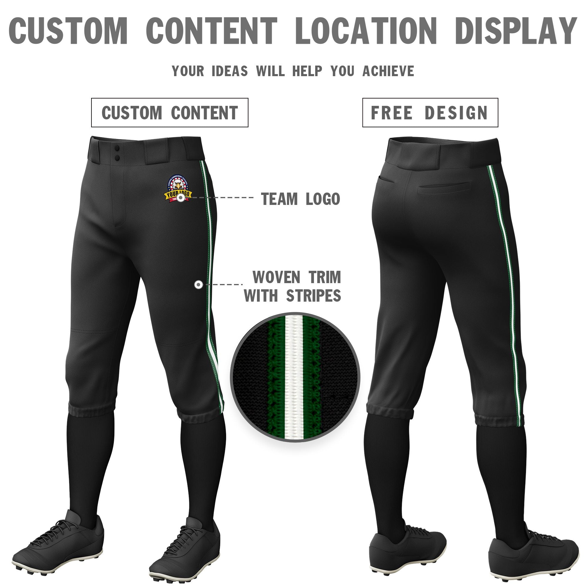 Custom Black Green-White-Green Classic Fit Stretch Practice Knickers Baseball Pants