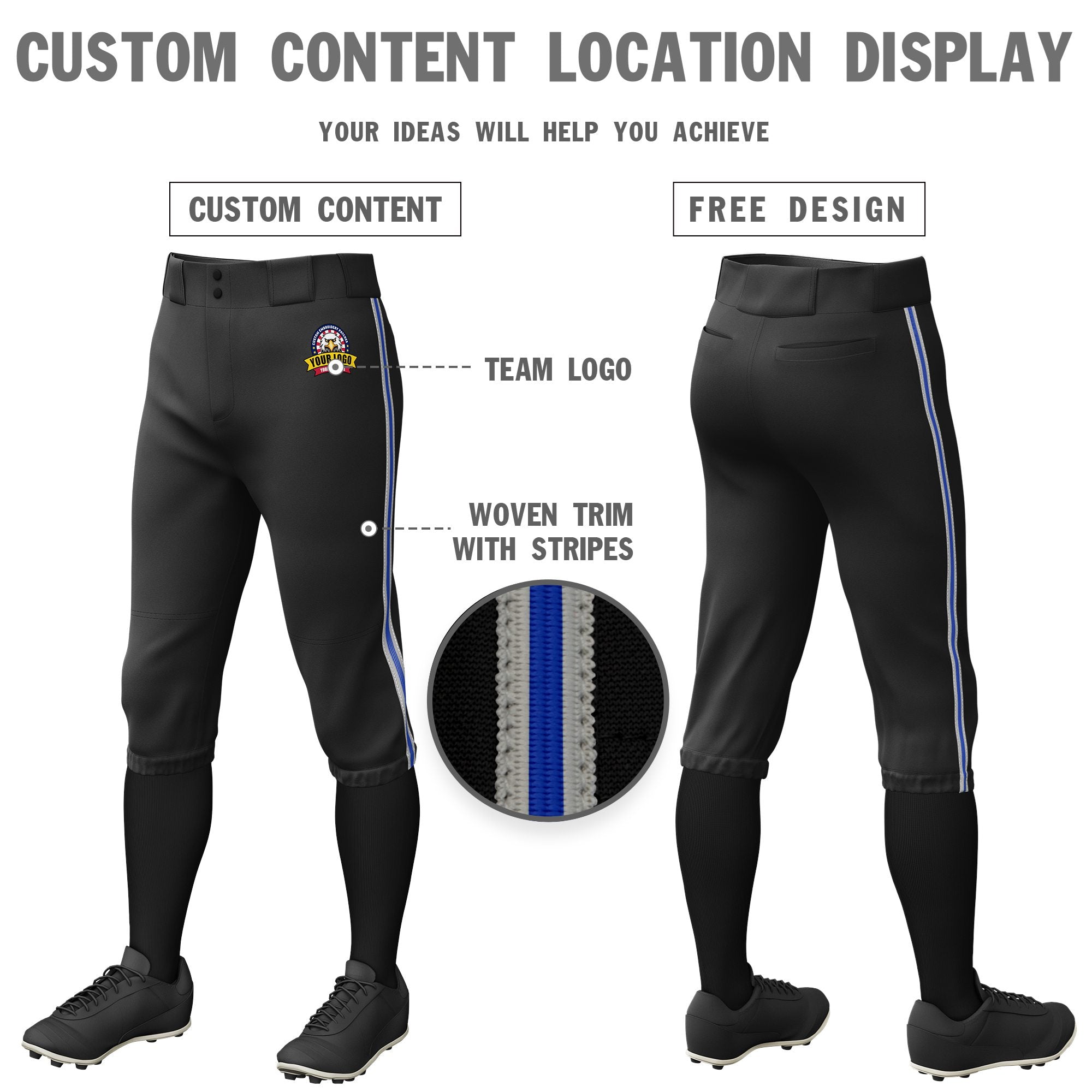 Custom Black Gray-Royal Blue-Gray Classic Fit Stretch Practice Knickers Baseball Pants