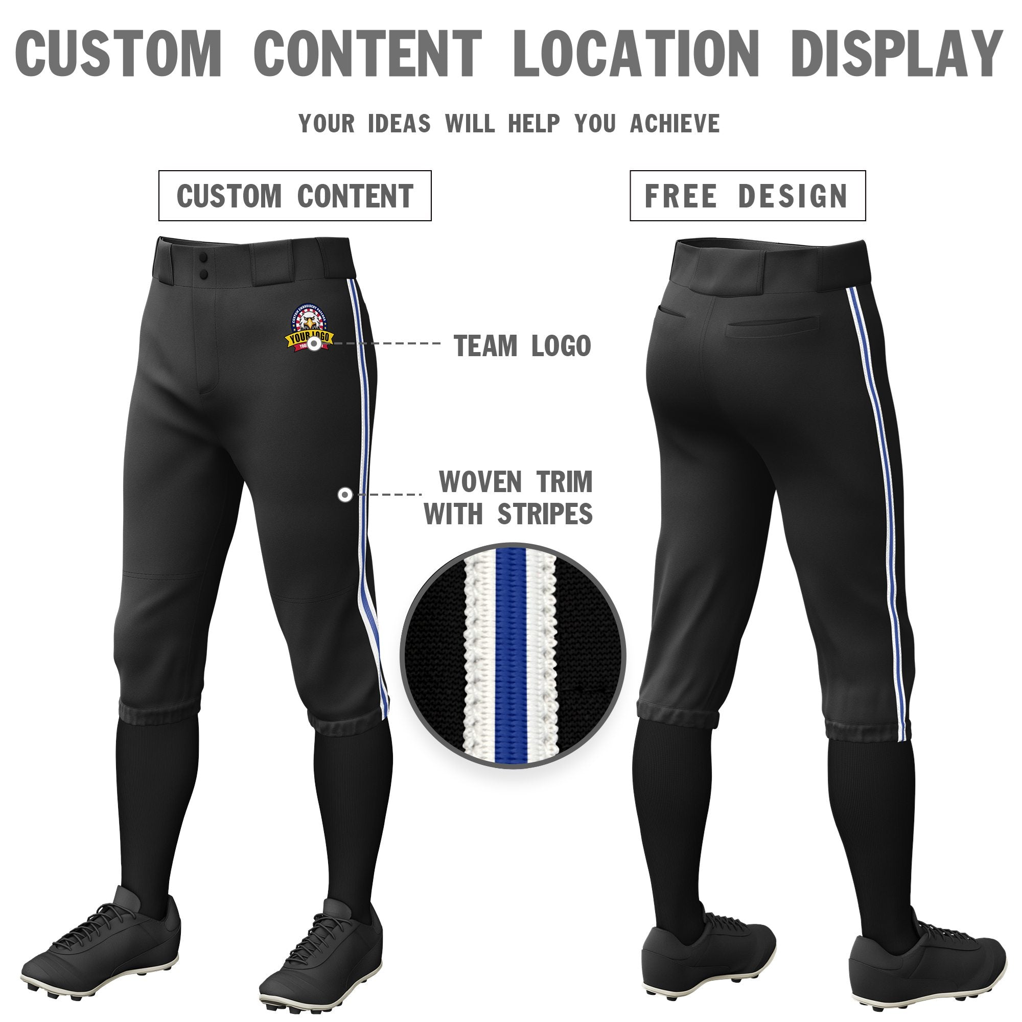 Custom Black White-Royal Blue-White Classic Fit Stretch Practice Knickers Baseball Pants