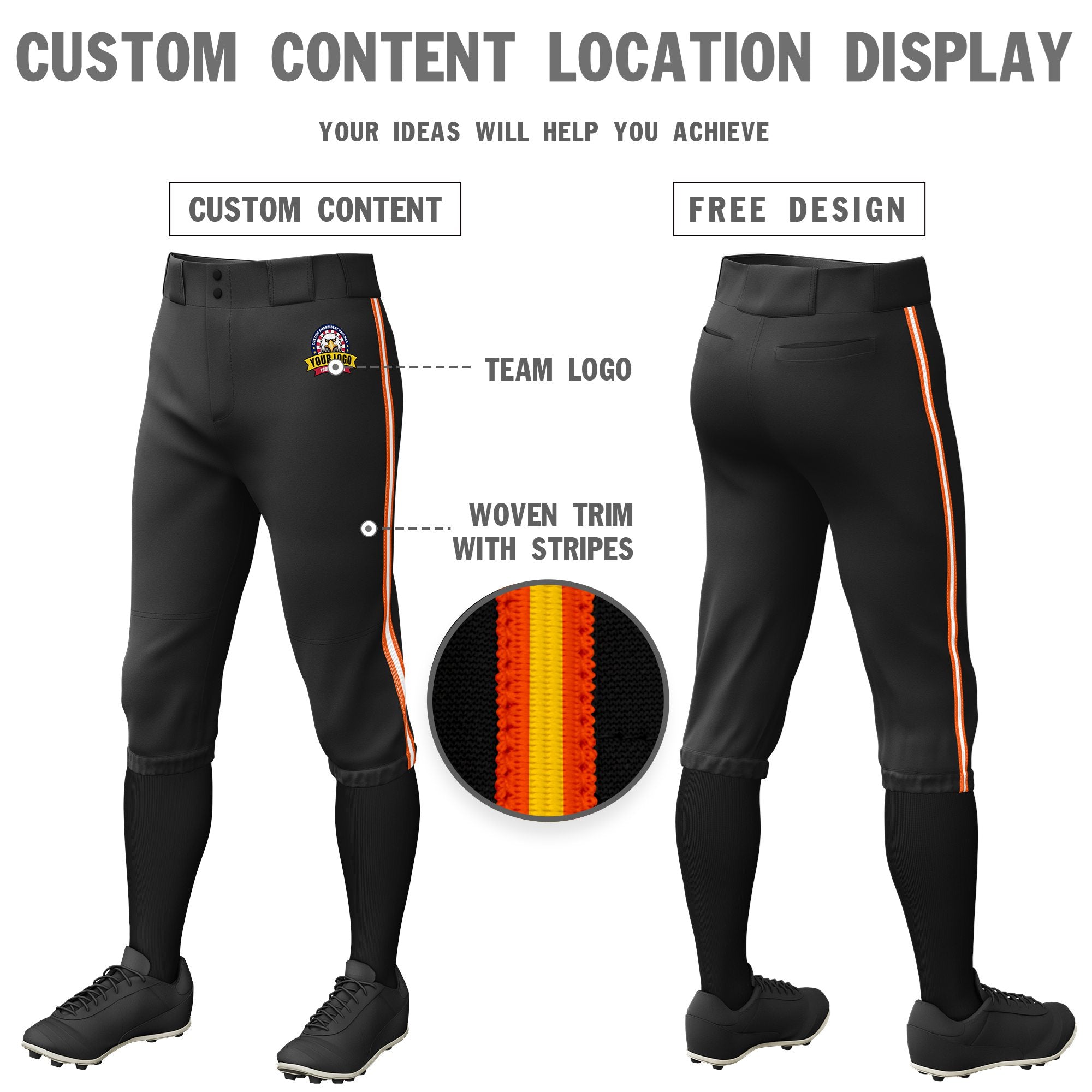 Custom Black Orange-White-Orange Classic Fit Stretch Practice Knickers Baseball Pants