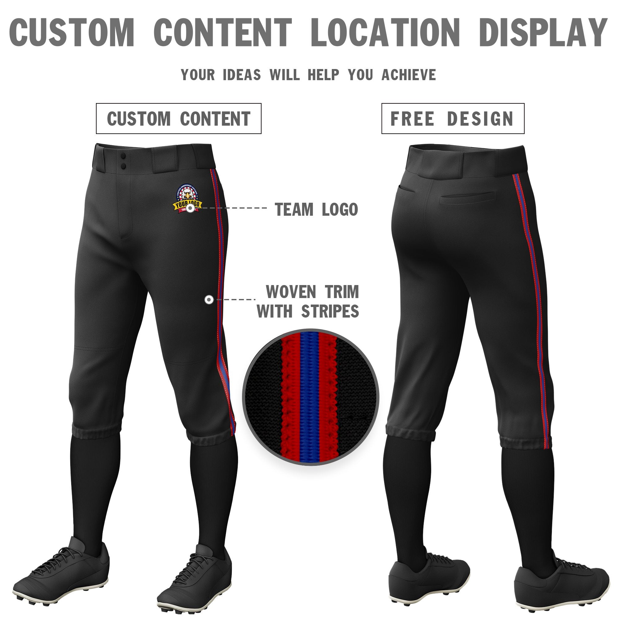 Custom Black Red-Royal Blue-Red Classic Fit Stretch Practice Knickers Baseball Pants