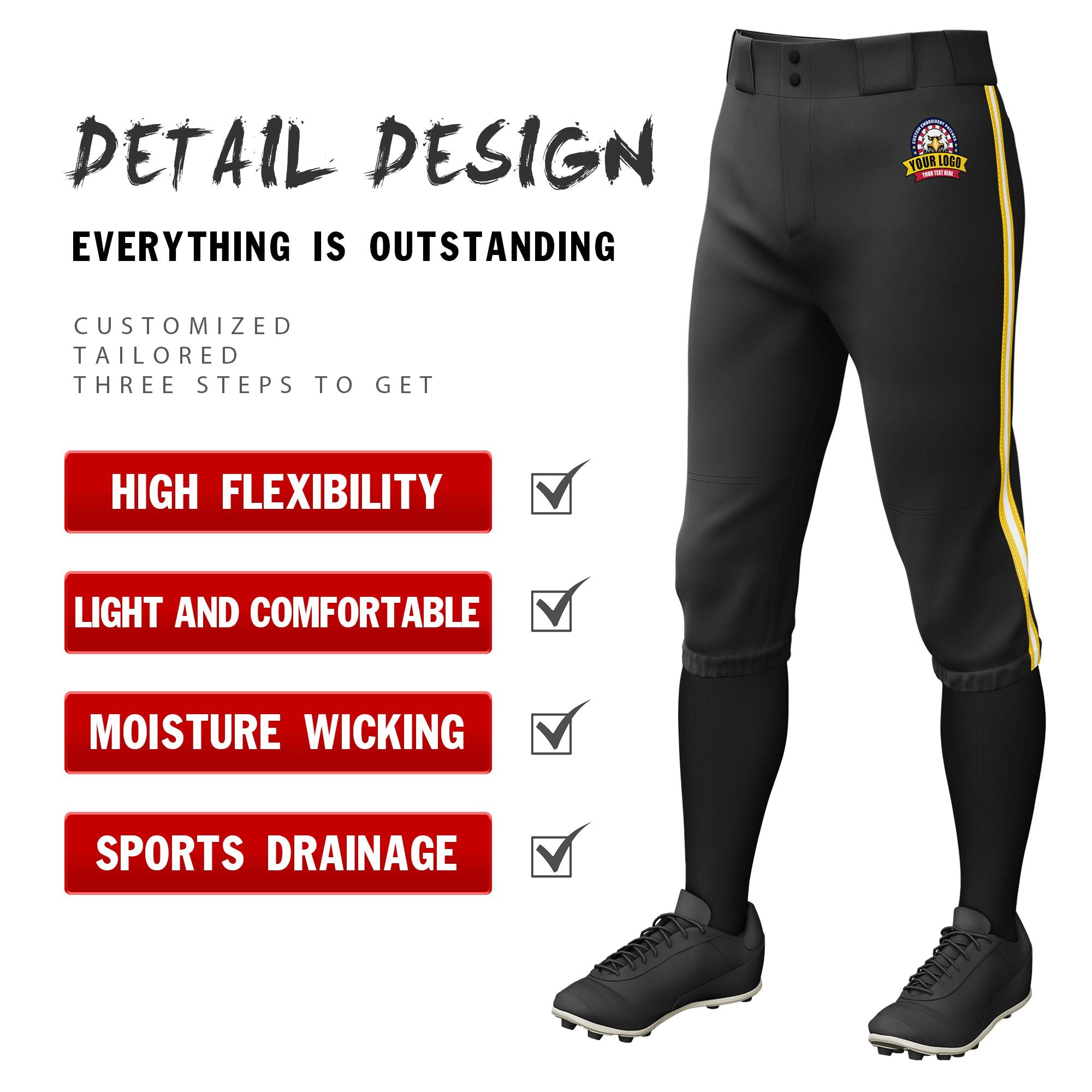 Custom Black Yellow-White-Yellow Classic Fit Stretch Practice Knickers Baseball Pants