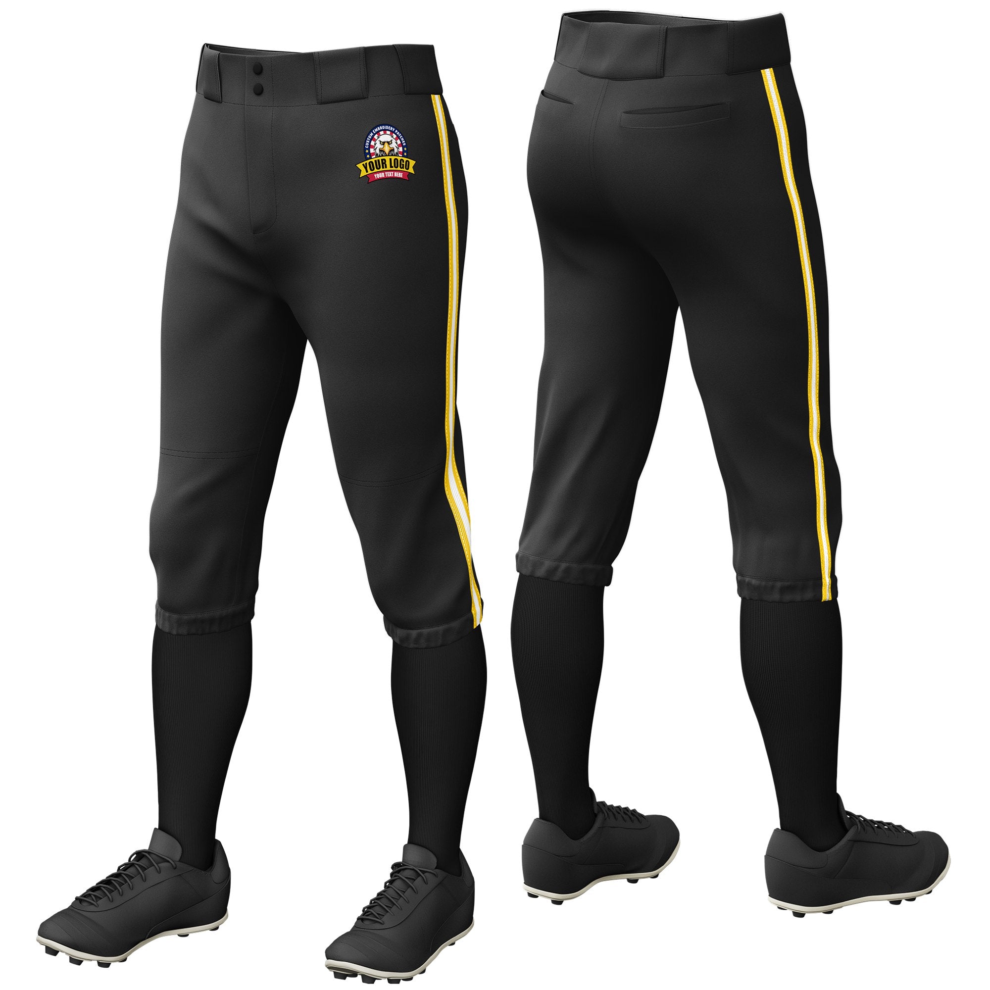 Custom Black Yellow-White-Yellow Classic Fit Stretch Practice Knickers Baseball Pants