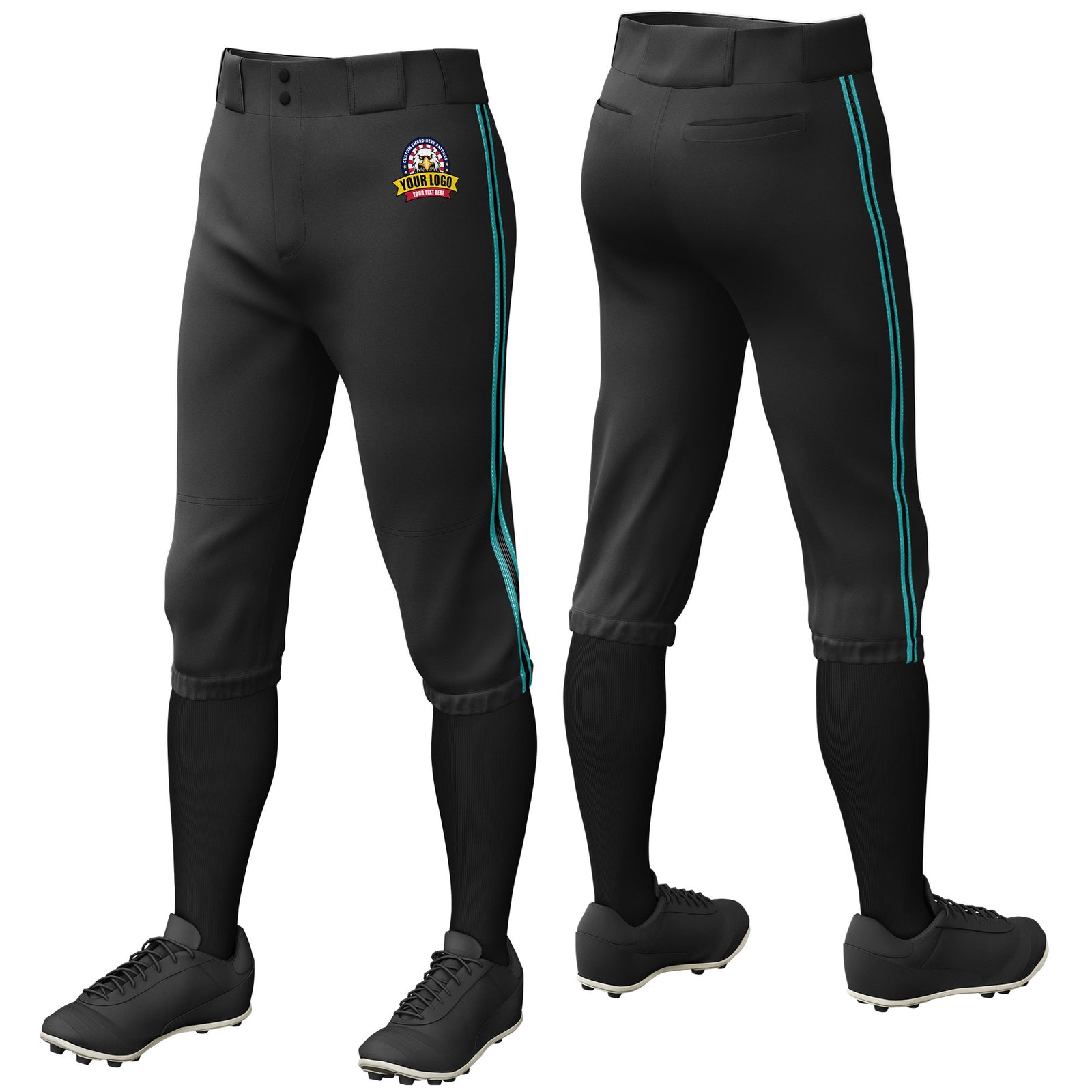 Custom Black Aqua-Black-Aqua Classic Fit Stretch Practice Knickers Baseball Pants