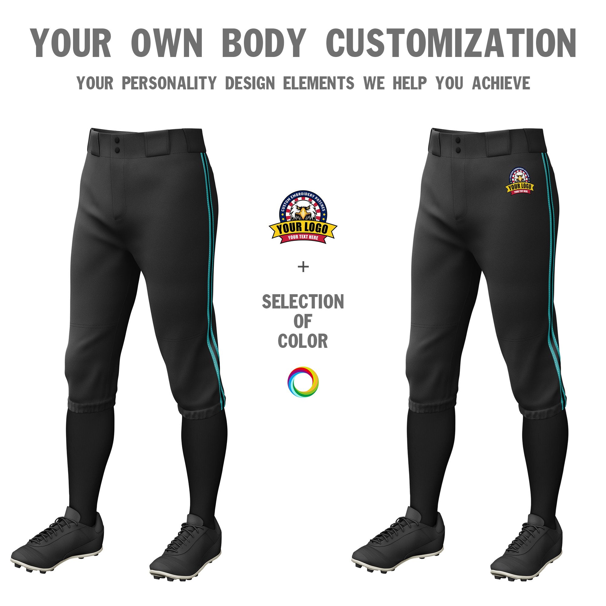 Custom Black Aqua-Black-Aqua Classic Fit Stretch Practice Knickers Baseball Pants