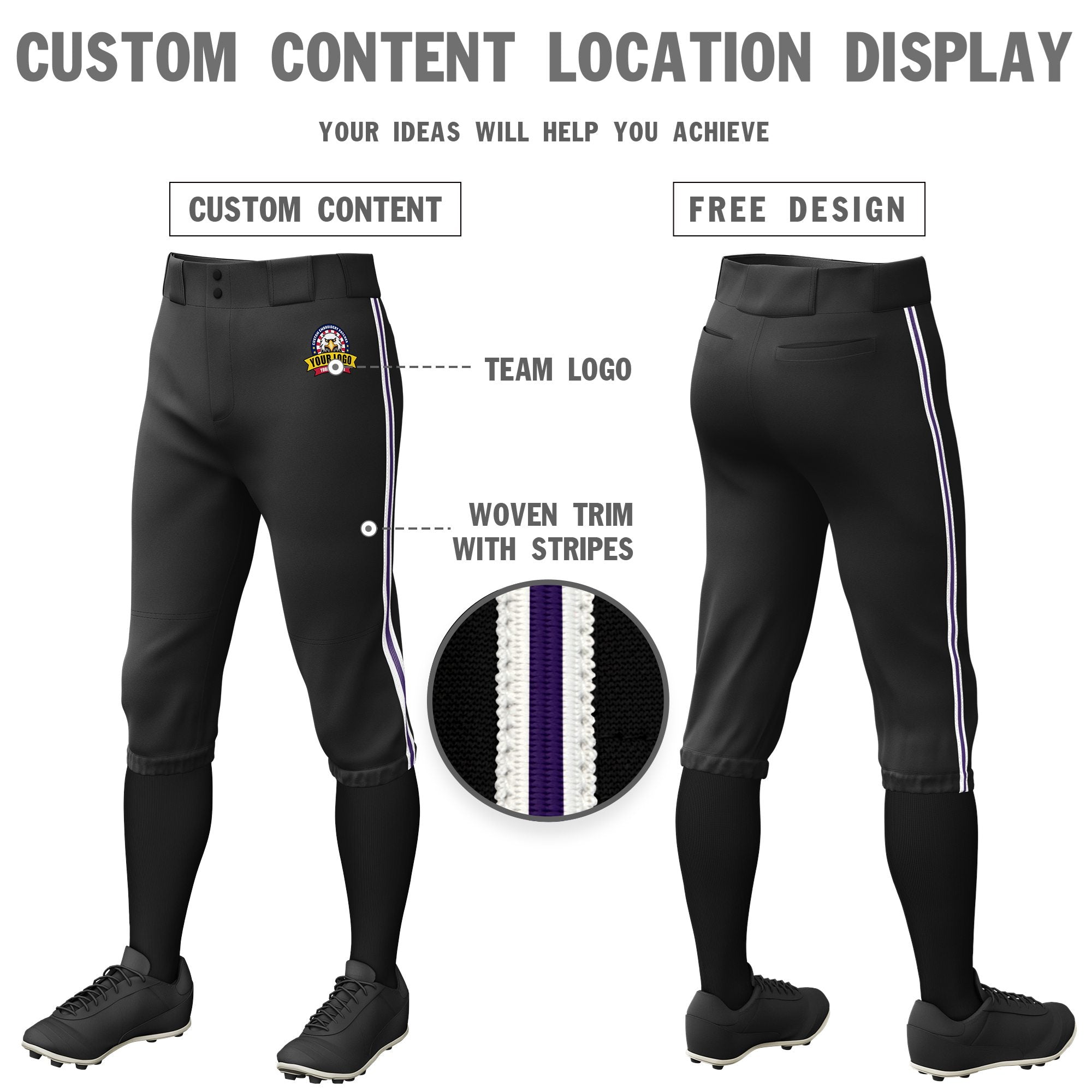 Custom Black White-Purple-White Classic Fit Stretch Practice Knickers Baseball Pants