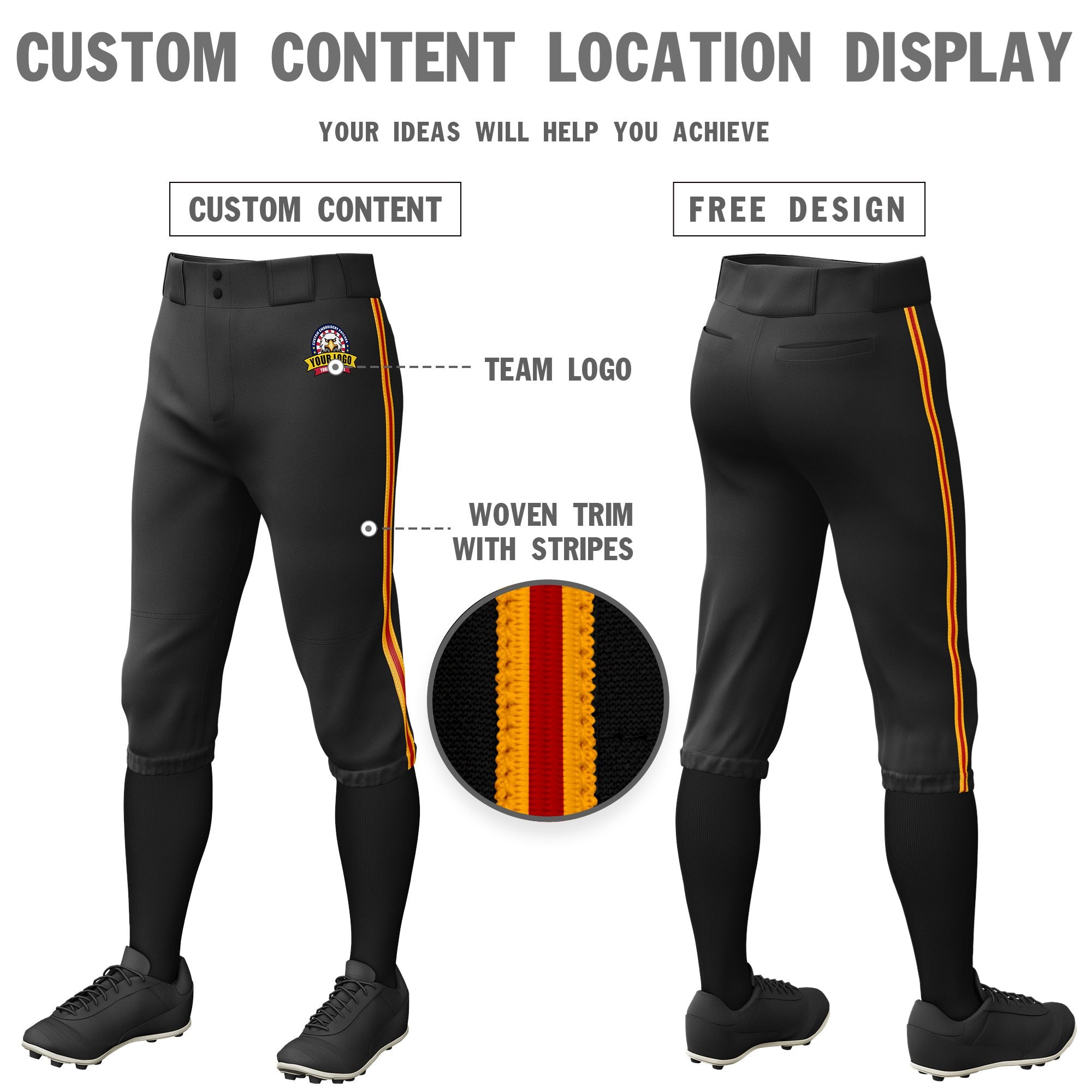 Custom Black Yellow-Red-Yellow Classic Fit Stretch Practice Knickers Baseball Pants