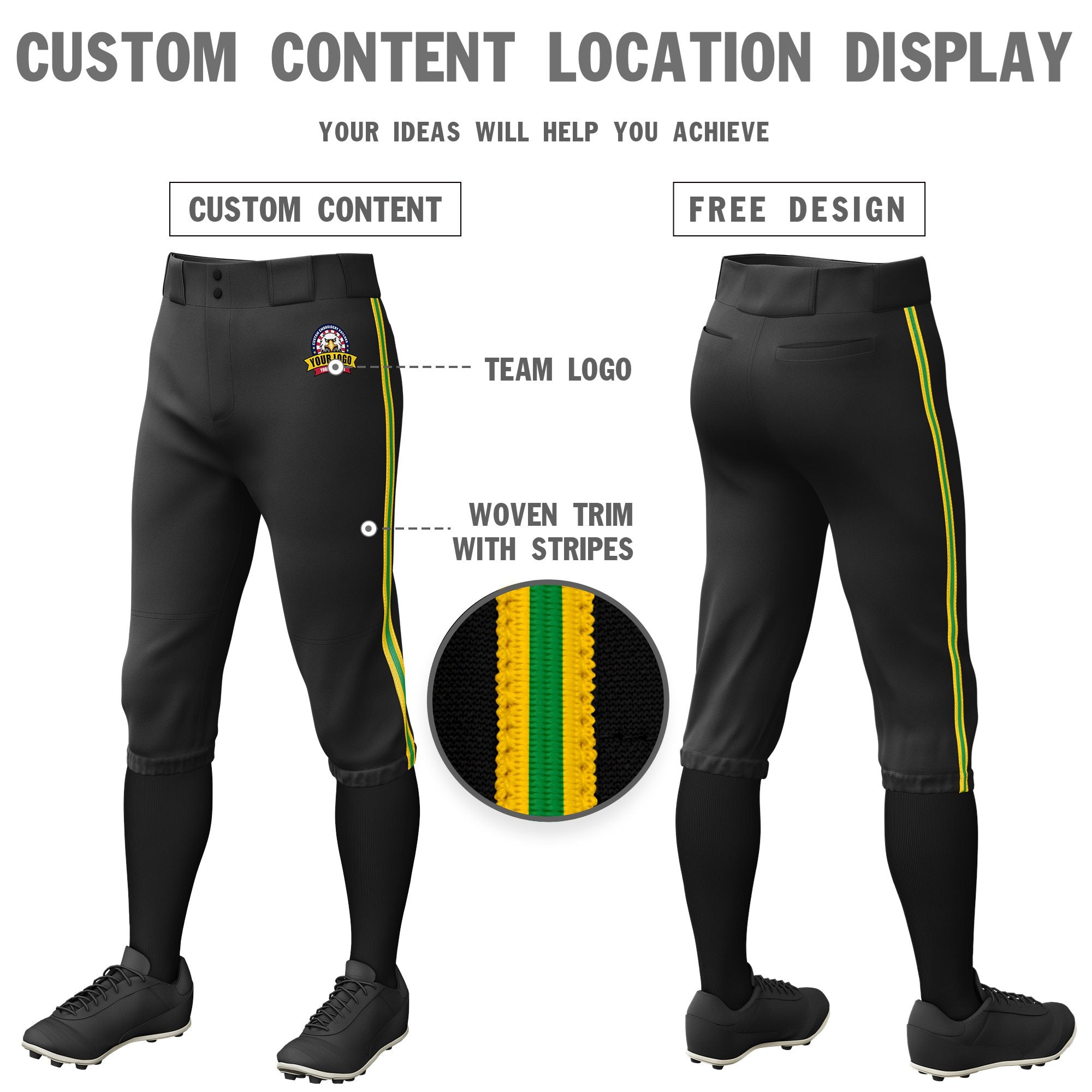 Custom Black Gold01-Kelly Green-Gold01 Classic Fit Stretch Practice Knickers Baseball Pants