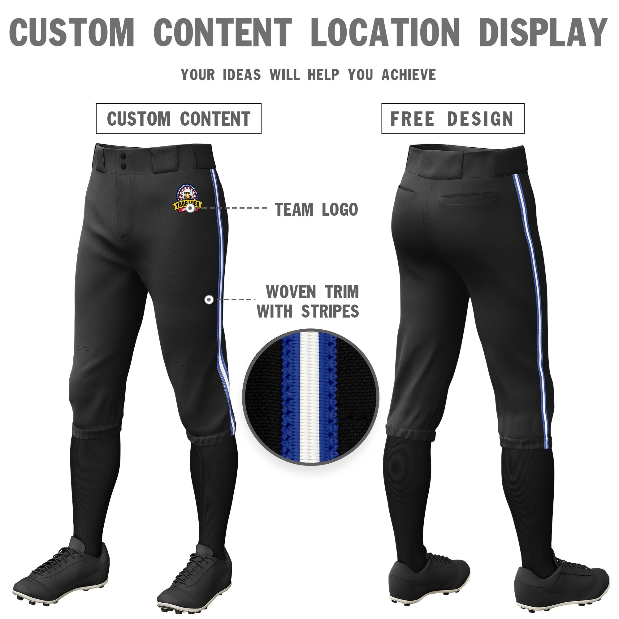 Custom Black Royal Blue-White-Royal Blue Classic Fit Stretch Practice Knickers Baseball Pants