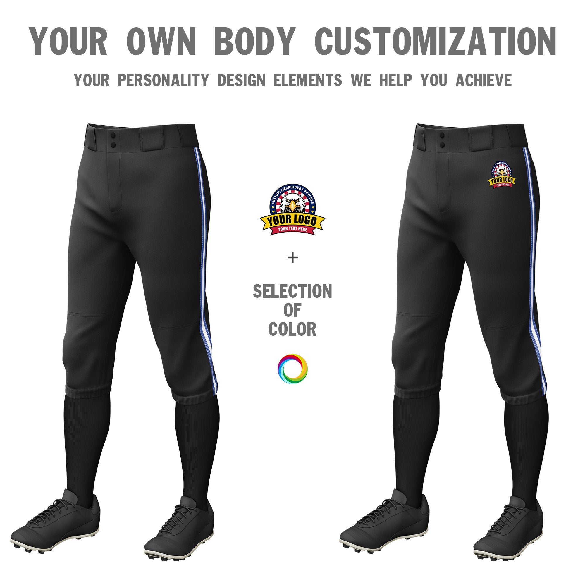 Custom Black Royal Blue-White-Royal Blue Classic Fit Stretch Practice Knickers Baseball Pants