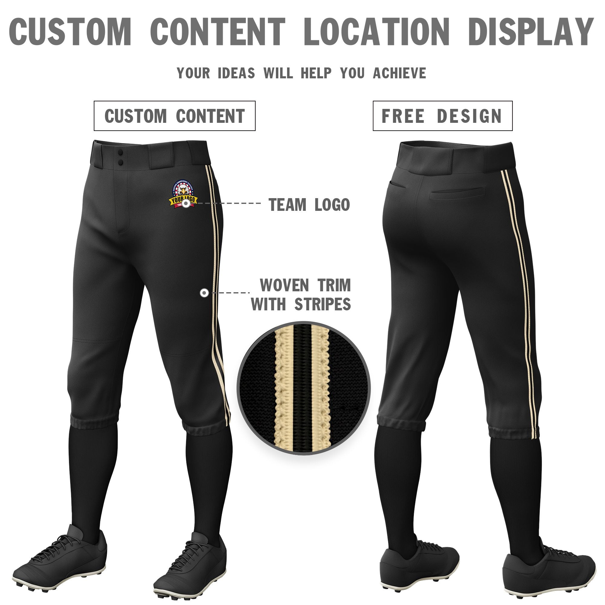 Custom Black Khaki-Black-Khaki Classic Fit Stretch Practice Knickers Baseball Pants