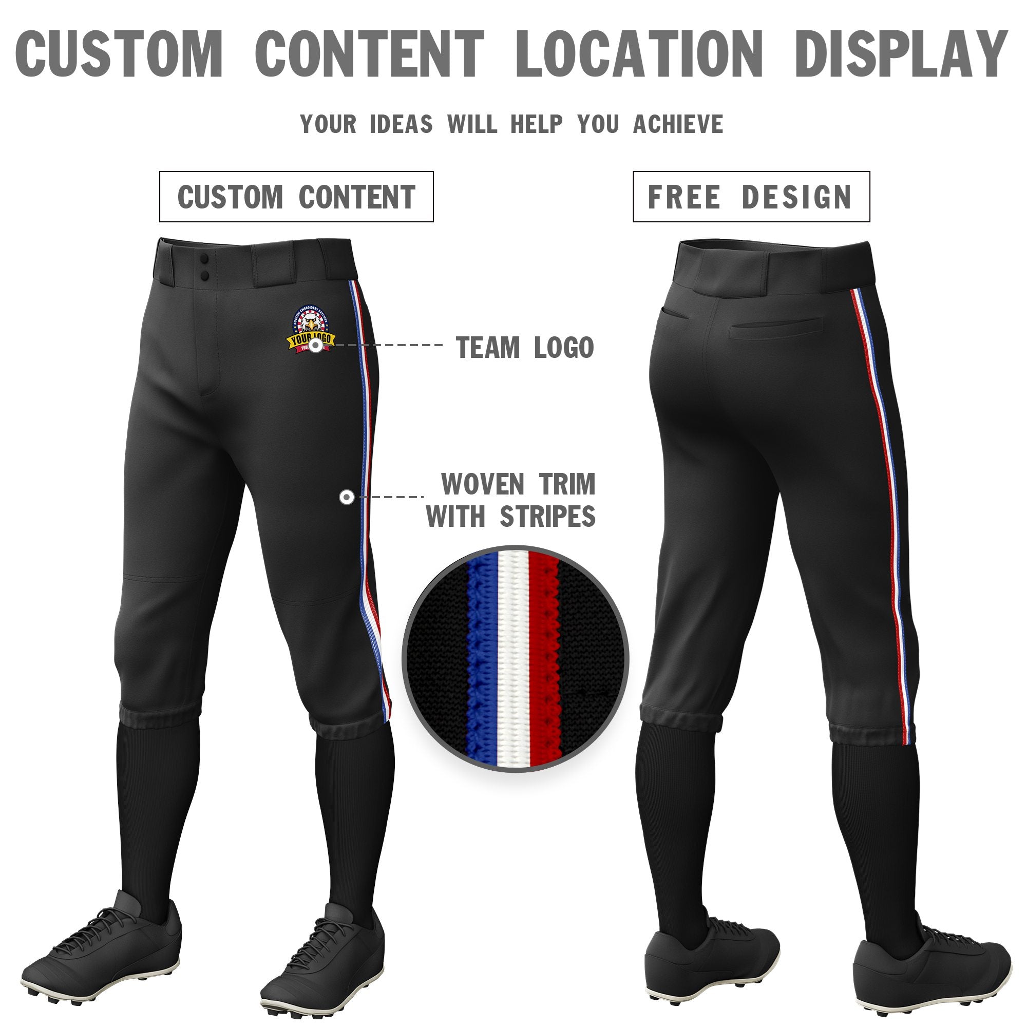 Custom Black Royal Blue-White-Red Classic Fit Stretch Practice Knickers Baseball Pants