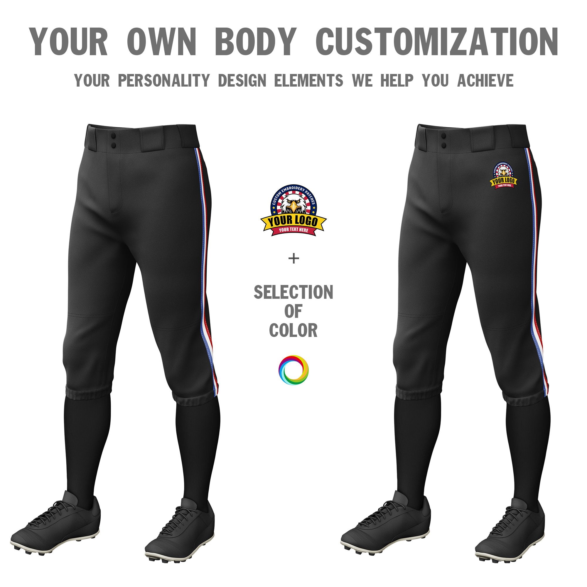 Custom Black Royal Blue-White-Red Classic Fit Stretch Practice Knickers Baseball Pants