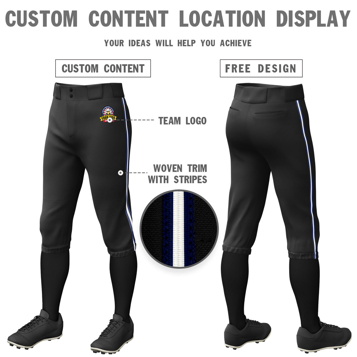 Custom Black Navy-White-Navy Classic Fit Stretch Practice Knickers Baseball Pants