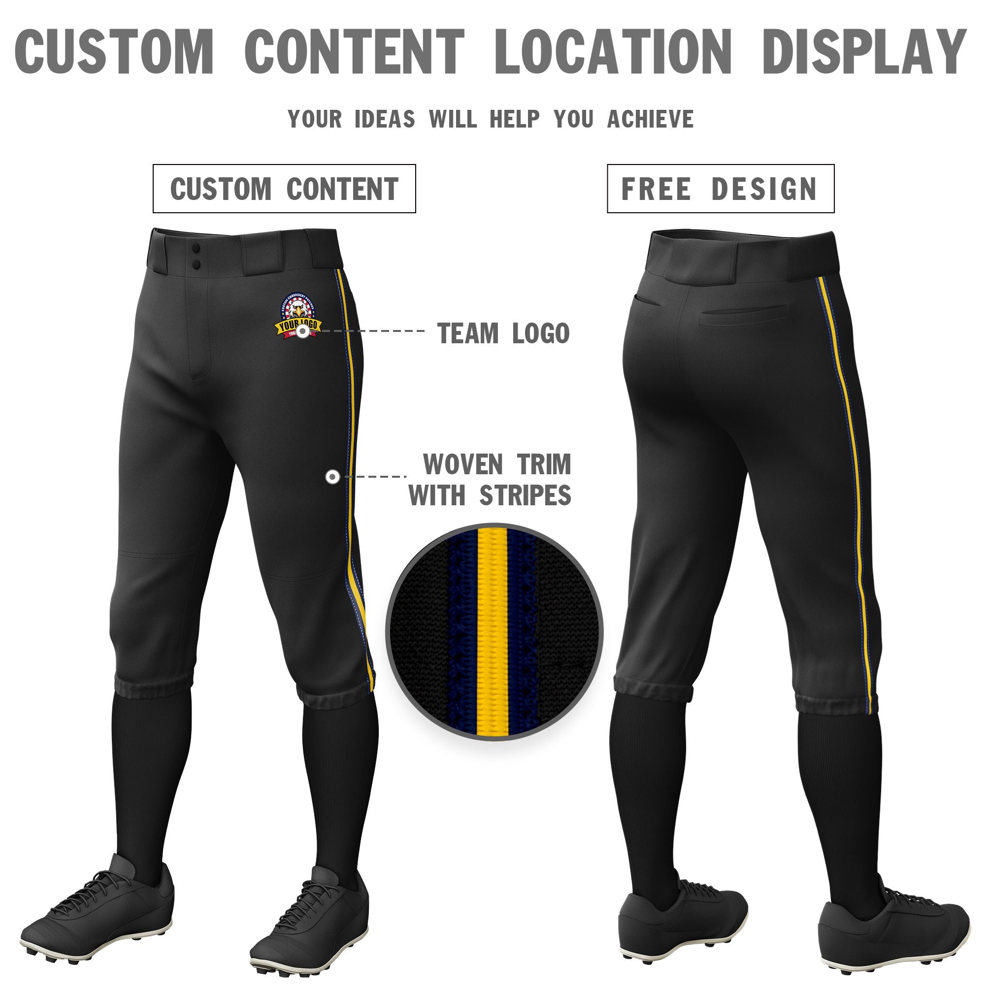 Custom Black Navy-Gold01-Navy Classic Fit Stretch Practice Knickers Baseball Pants